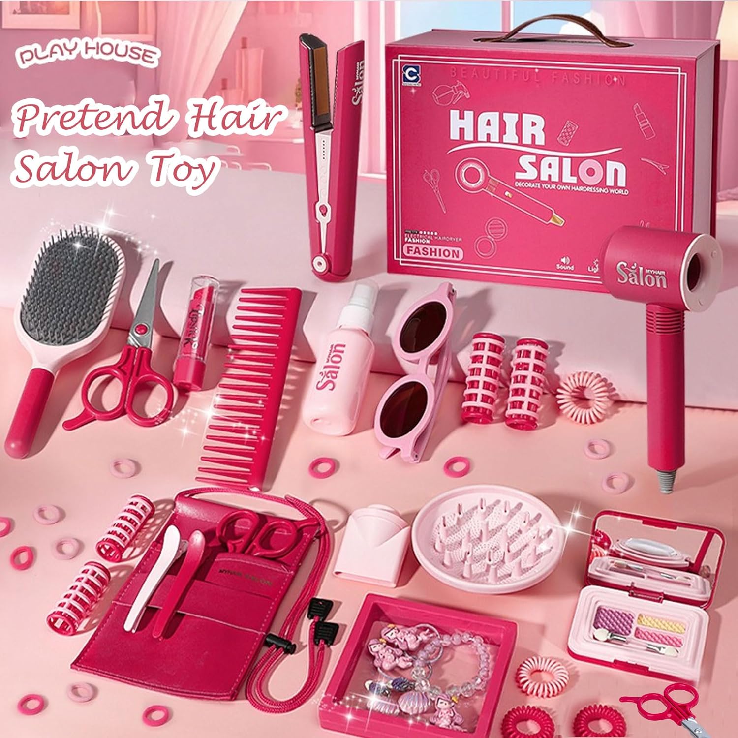 50 Pcs Girls Hair Salon Toys, Beauty Salon Set with Pretend Play Hair Salon Stylist Toy Kit with Barber Apron, Hair Dryer, Mirror, Scissors and Styling Accessories