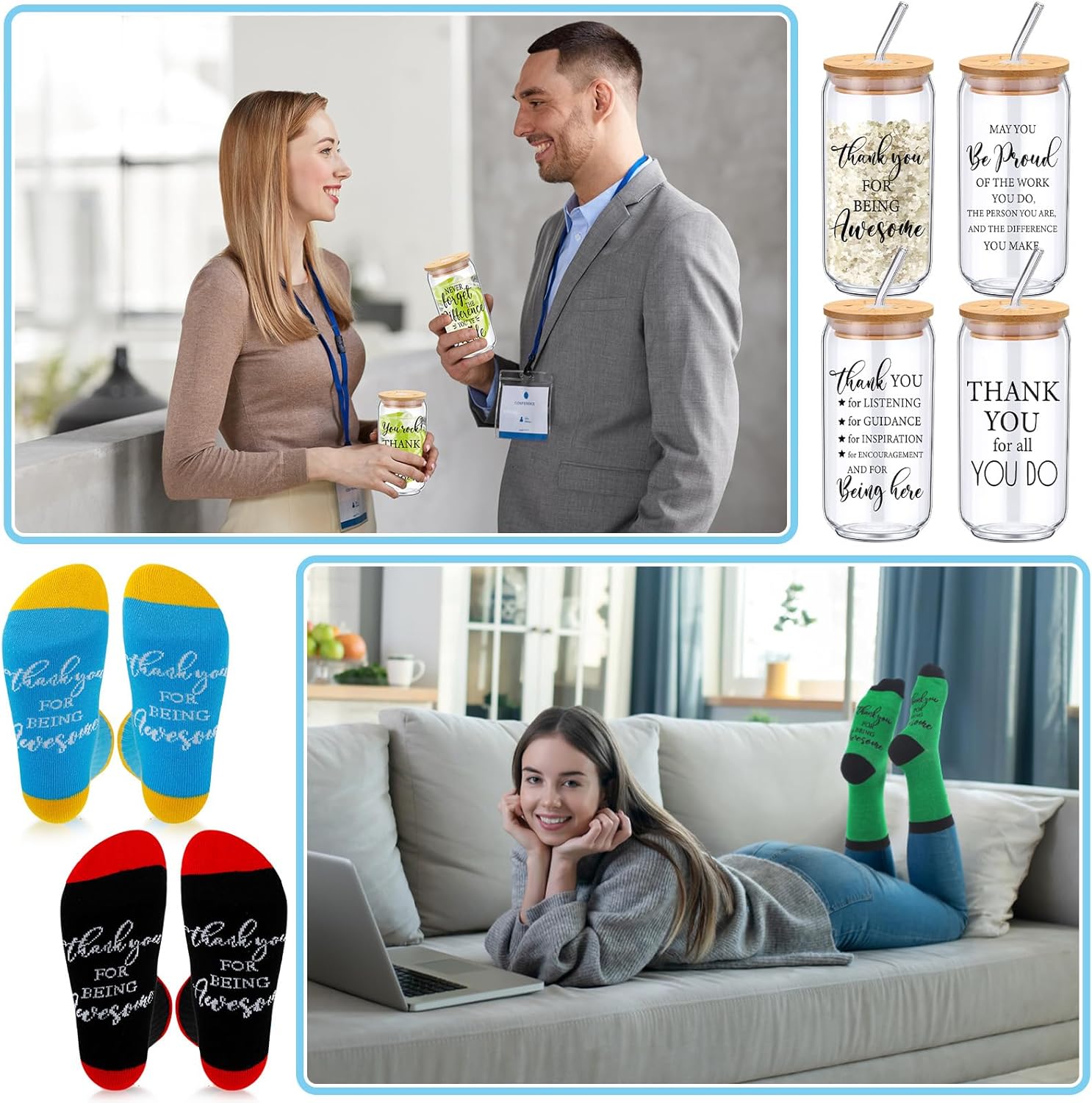 Domensi 12 Pcs Thank You Gifts for Women Employee Appreciation Gift 16oz Glass Cups with Bamboo Lids Thank You for Being Awesome Socks for Staff, Team, Coworker, Teacher, Nurse