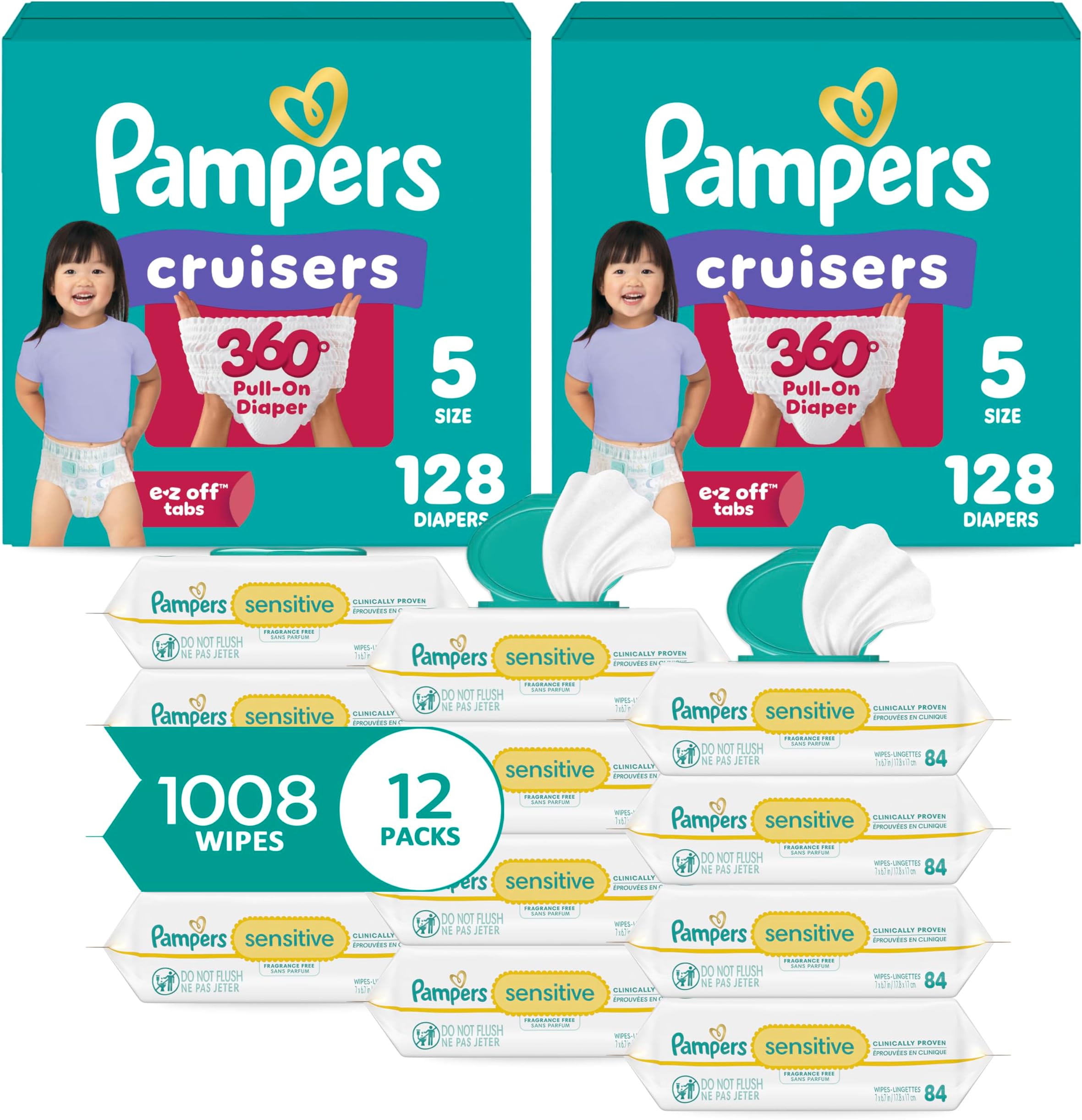 Pull On Cruisers 360° Fit Disposable Baby Diapers Size 5, 2 Months Supply (2 x 128 Count) with Sensitive Water Based Baby Wipes 12X Multi Pack Pop-Top and Refill (1008 Count)