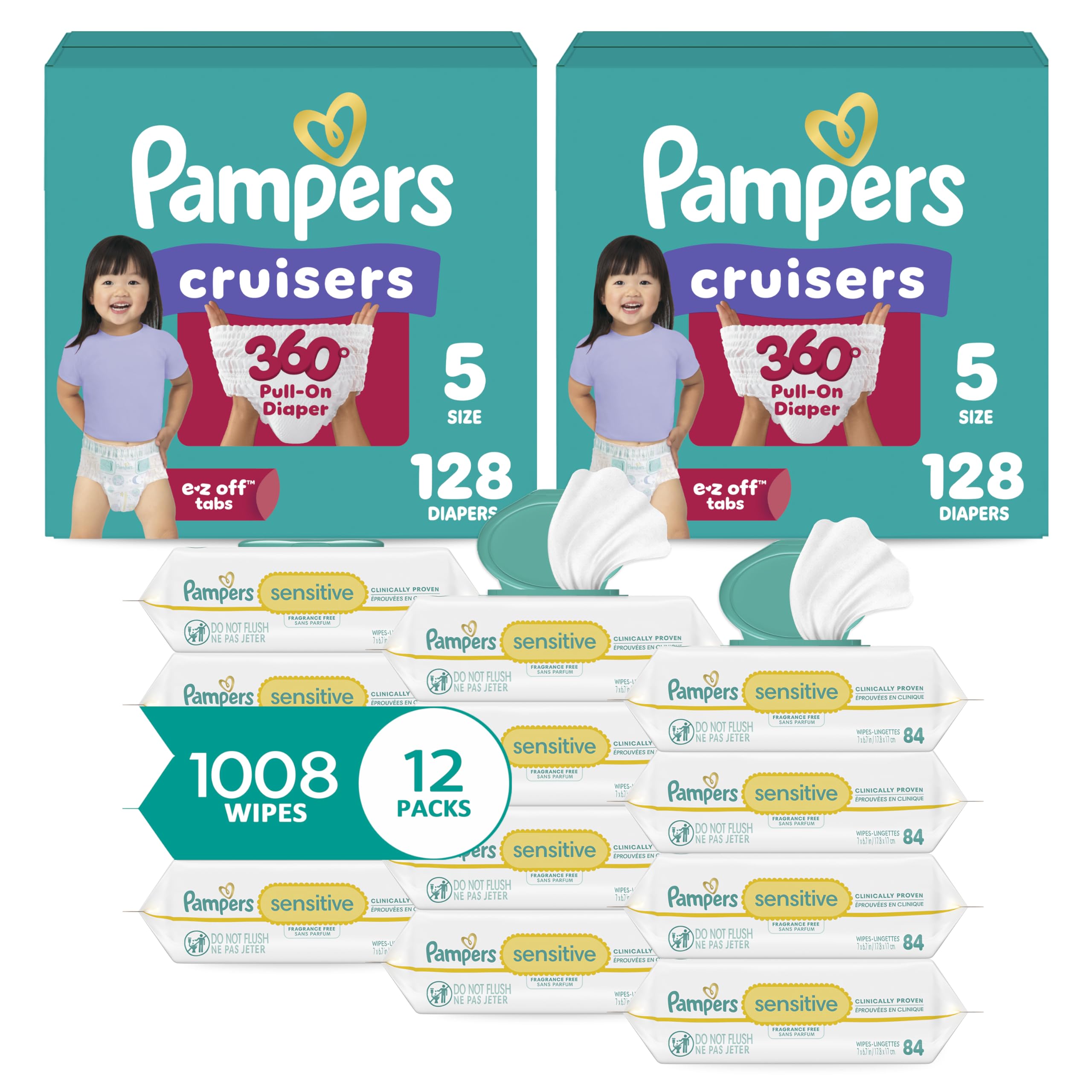 Pampers Pull On Cruisers 360° Fit Disposable Baby Diapers Size 5, 2 Months Supply (2 x 128 Count) with Sensitive Water Based Baby Wipes 12X Multi Pack Pop-Top and Refill (1008 Count)