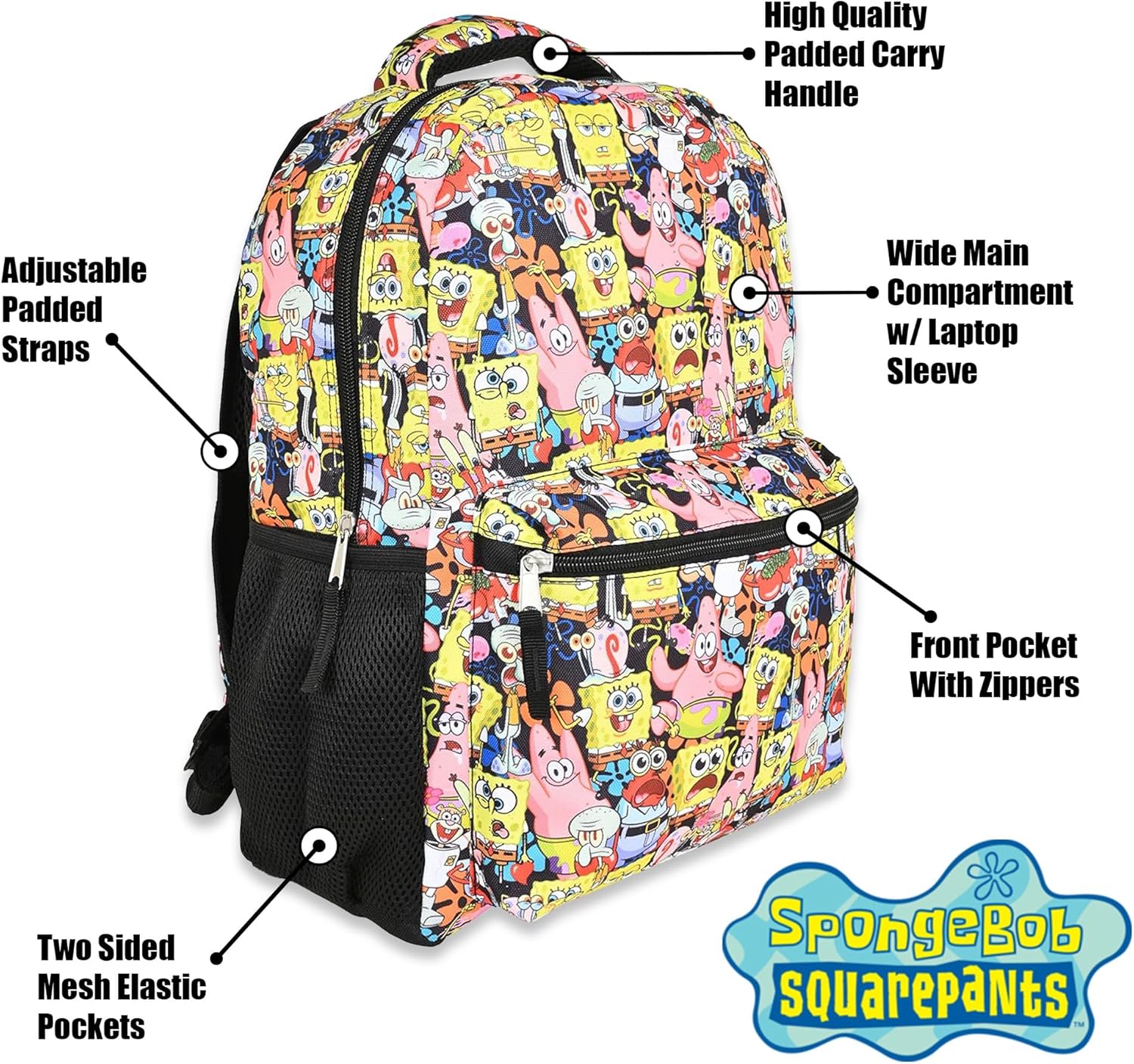Nickelodeon SpongeBob Backpack for Kids - Officially Licensed SpongeBob SquarePants, Mr. Krabs, Squidward, Plankton Bookbag for Boys and Girls Kids and Adults - Laptop and Lunchbox Compartment