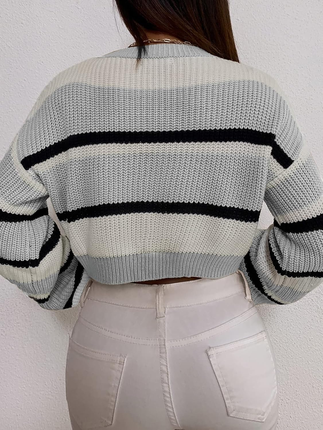 ZAFUL Women's Color Block Striped Sweater Crew Neck Lantern Sleeve Cropped Sweaters Casual Loose Knitted Tops - Image 3