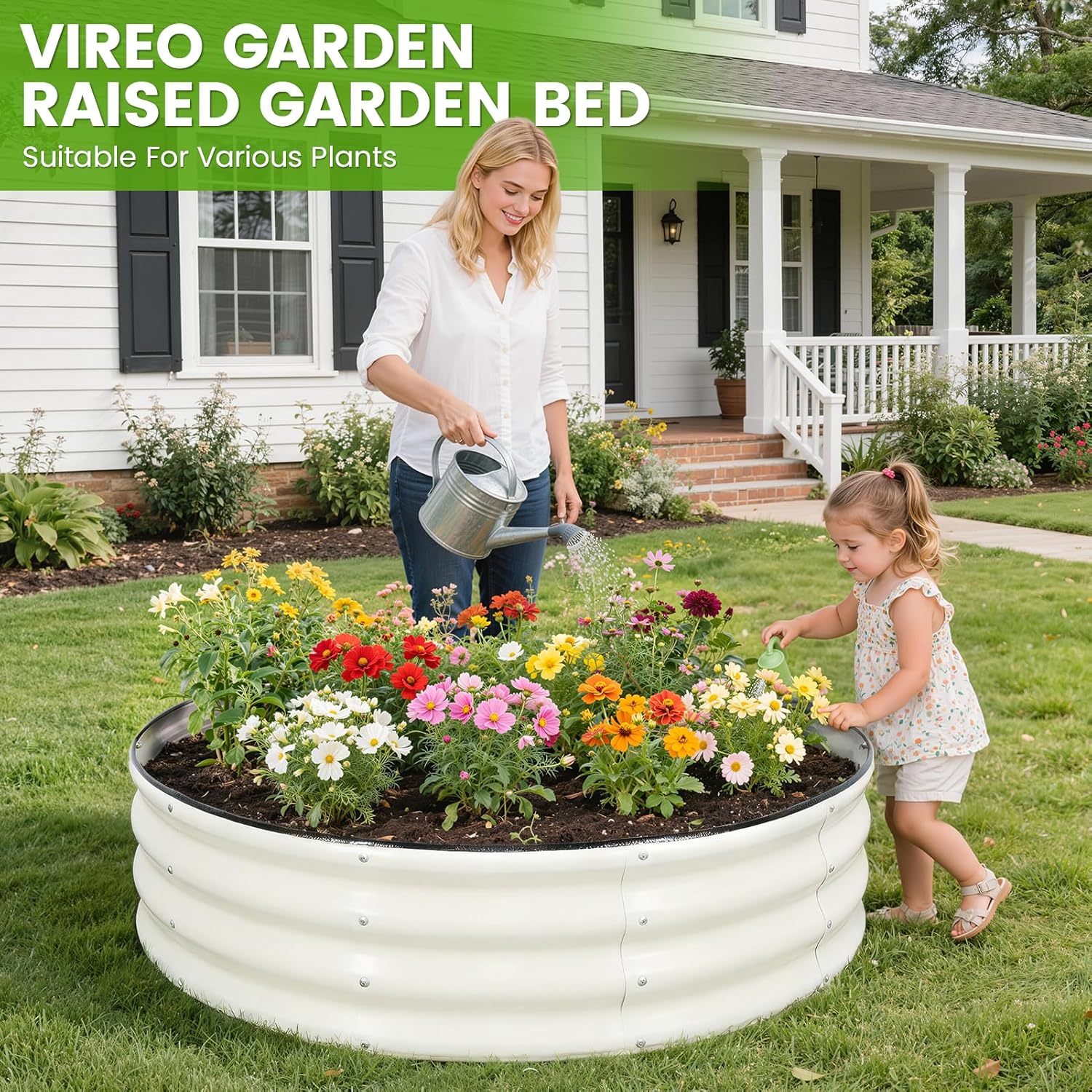 Galvanized Raised Garden Bed Outdoor 2Pcs | 4x4x1ft Metal Raised Beds for Gardening with Safety Rubber Strip | Round Planter Box for Plants Like Vegetables Fruits Flowers, White