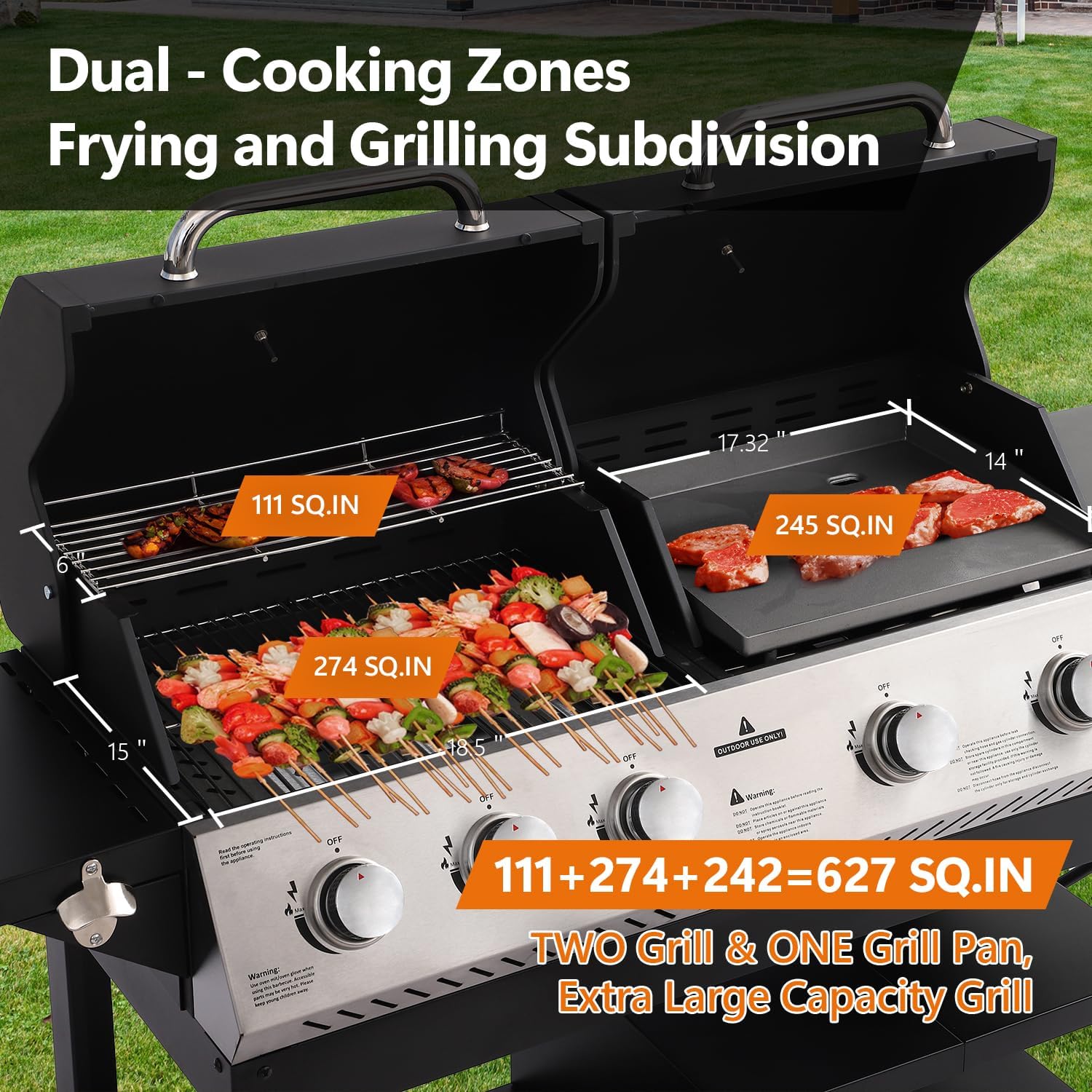 [2026 New Update]5-Burner Propane Gas Grill and Griddle Combo, Dual Zone Outdoor BBQ with 54,000 BTU 627 SQ.IN. Stainless Steel & Porcelain Cast Iron for Outdoor Cooking Kitchen,Garden,Patio Backyard