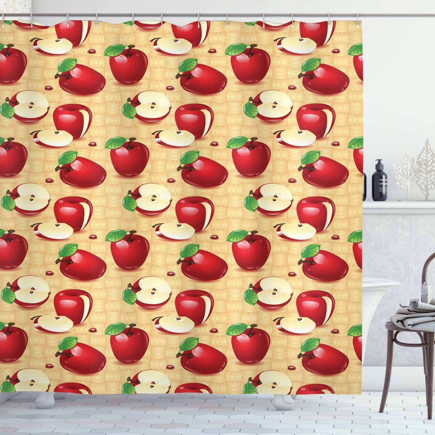 Lunarable Fruits Shower Curtain, Red Apples Whole and Sliced on Wicker Natural Woods Illustration, Cloth Fabric Bathroom Decor Set with Hooks, 69" W x 70" L, Sand Brown Green Red
