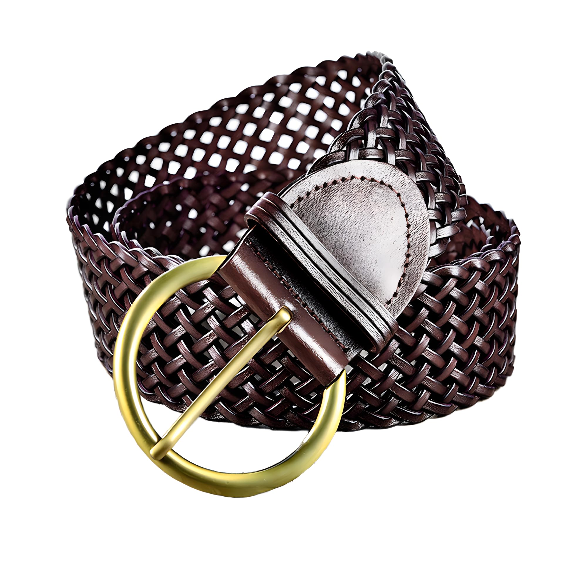 ANNULOYA 2 Inch Wide Leather Braided Belt for Women Hand Made Soft Woven Waistbands with Gold Round Pin Buckle, Coffee