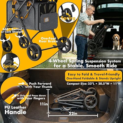 Vista 6 de PAWZIDEA Carriola Doble para Mascotas con 2 Portamascotas Desmontables, Jaula Portátil para Perros para Viaje en Auto y Porta Gatos Expandible