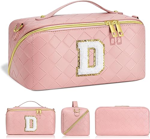 Bolsa de cosméticos de viaje de gran capacidad  Bolsa de maquillaje portátil con inicial para mujer, bolsa organizadora de maquillaje de piel