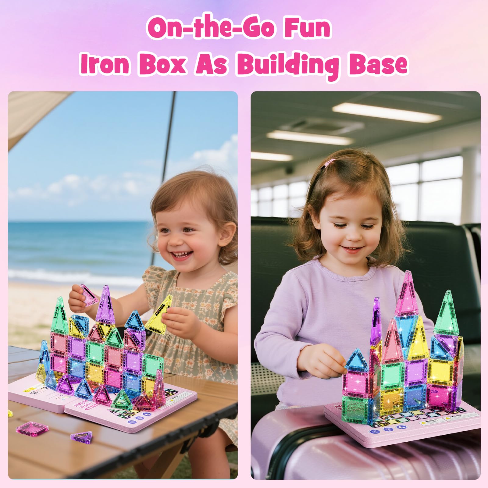 Set di 42 piastrelle magnetiche da viaggio con glitter da viaggio, per bambini, menta, piastrelle magnetiche con base in ferro, mattoncini da costruzione magnetici, giocattolo da viaggio, regalo per 3