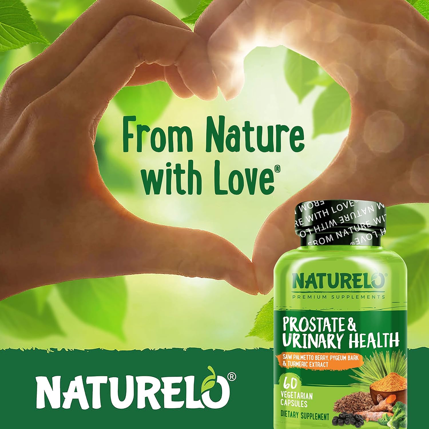 NATURELO Prostate & Urinary Health, Comprehensive Formula with Saw Palmetto, Pygeum, Tumeric, Plant Sterols, Broccoli and Lycopene, 60 Vegetarian Capsules (Pack of 2)