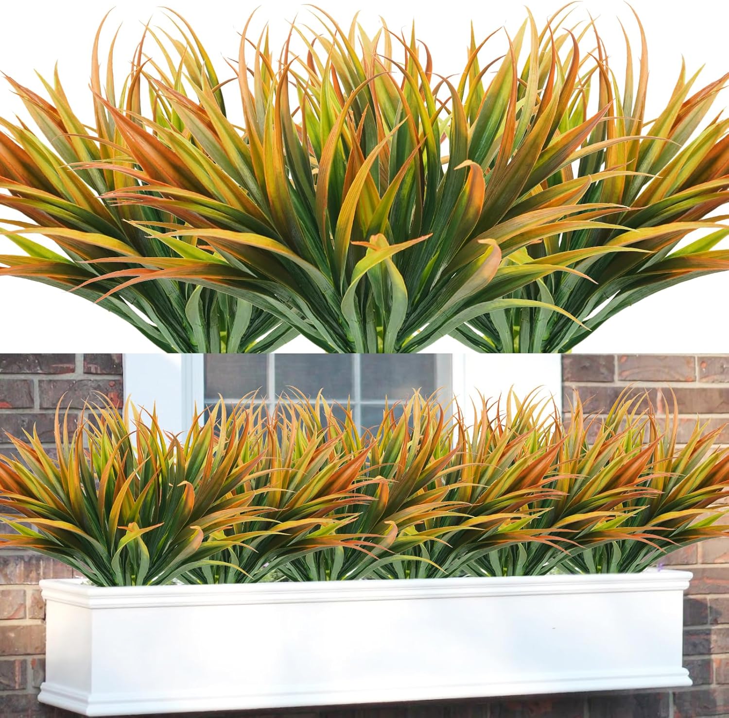 Phliofd 16Pcs Artificial Grass Fake Plants 17.3in Outdoor Plastic Plants UV Resistant Greenery Fake Grass for Home Window Garden Office Patio Hanging Planter Pathway Front Porch Décor Orange Yellow