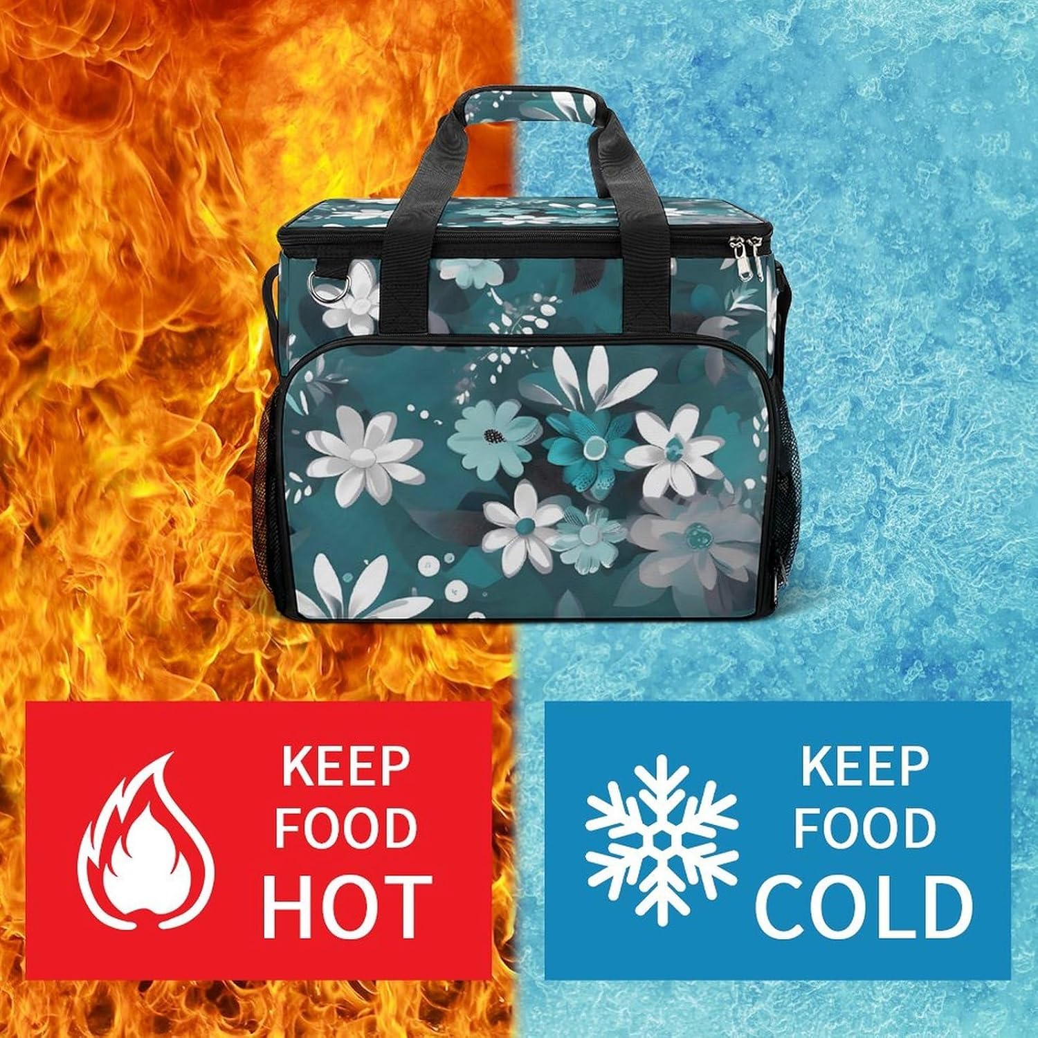 Large Capacity Oxford Cloth Teal Grey and White Floral Printed Camping Ice Bag, Outdoor Portable Insulation and Cooling Bag, Suitable for Outdoor Camping and Picnics