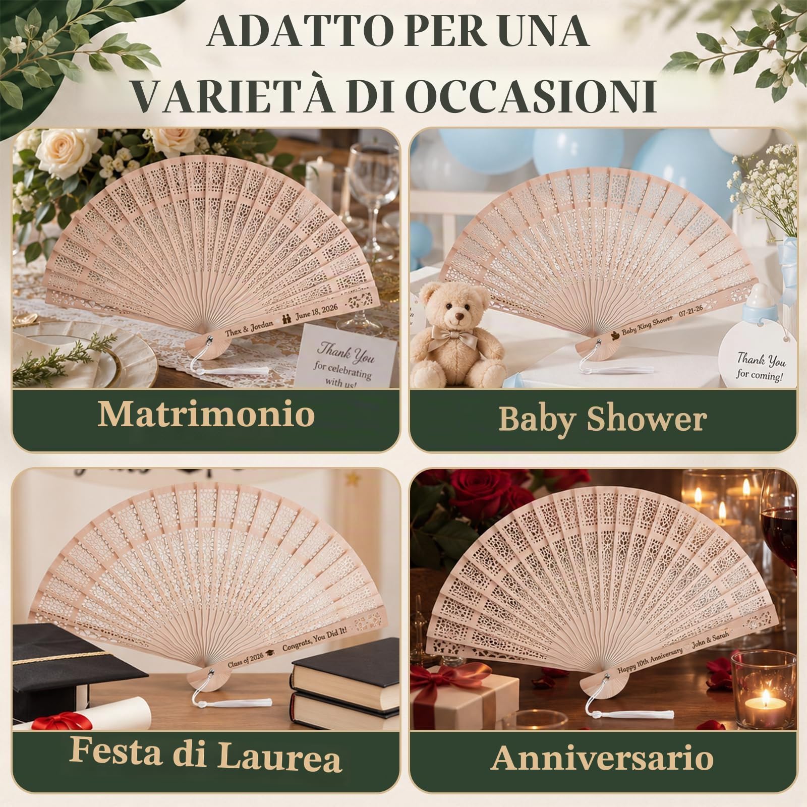 50 Ventagli Personalizzati Matrimonio – Bomboniere Legno | Gravure nome/data | Ventaglio in legno | Borsa organza | Bomboniera matrimonio