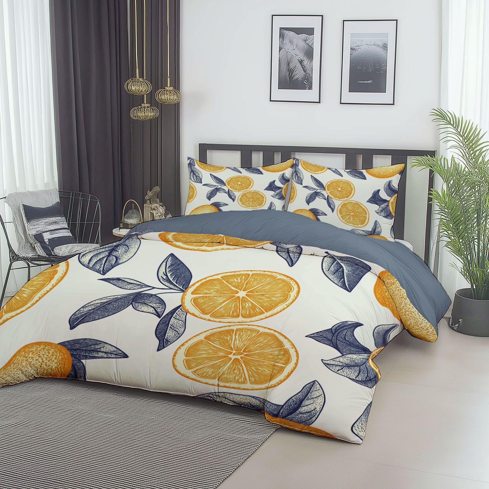 Poszwa na kołdrę 240x260 cm z mikrofibry, zestaw pościeli z pomarańczowymi liśćmi roślinnymi z 2 poszewkami na poduszki w kolorze szarym z nadrukiem Dwustronna poszwa na kołdrę na 4 pory roku