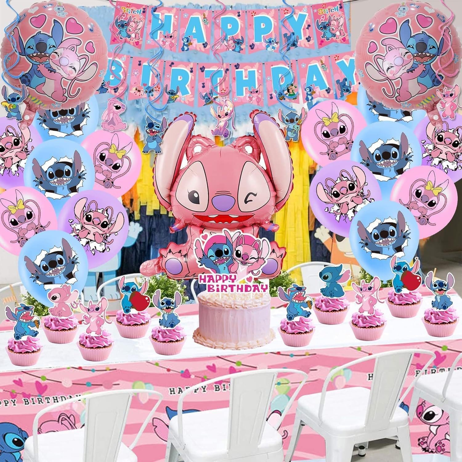 103PCS Stitch Party Supplies Birthday Decorations Set Include Banner, Balloons, Stickers, Hanging Swirls, Cake Cupcake Toppers, Tablecloth for Boys Girls Stitch Theme Party (Pink)