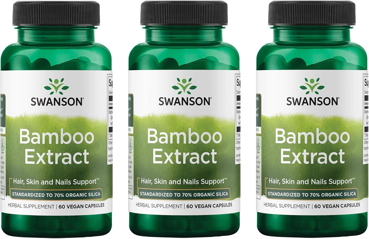 Swanson Bamboo Extract - Natural Hair, Skin and Nails Supplement - 70% Silica Content Supporting Collagen Formation & Bone Growth - (60 Veggie Capsules, 300mg Each) (3 Pack)