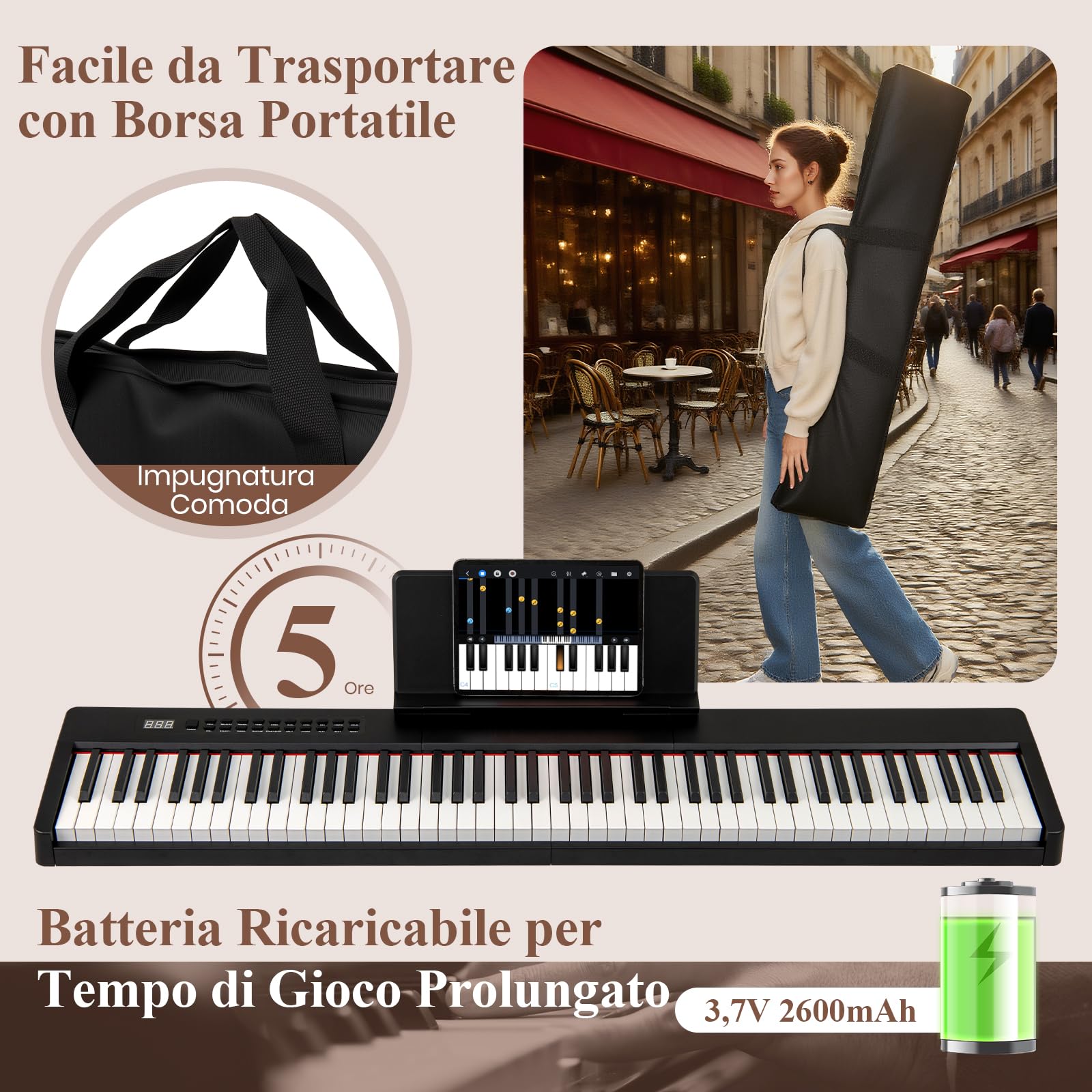 RELAX4LIFE Tastiera Elettrica Portatile con 88 Tasti, Sensibile alla Velocità con Molteplici Fonti Audio, MIDI, Pedale, Leggio, Adattatore e Batteria Ricaricabile (NERO)
