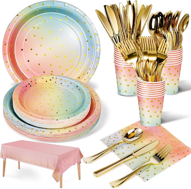 Nkaiso 141Pcs Rainbow Paper Plates and Napkins Party Supplies for20 | Party Plates and Cups and Napkins Sets for Birthday Wedding Holidays Parties Decorations