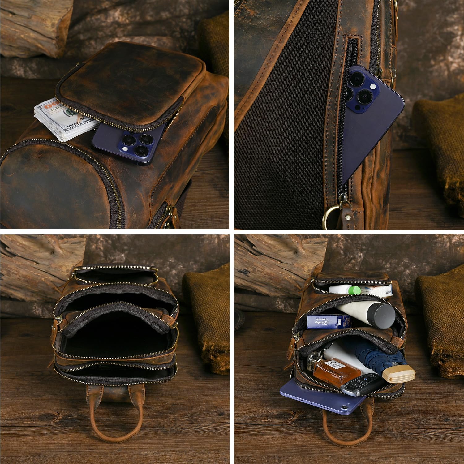 Thick Crazy horse Leather Triangle Crossbody Sling Chest Bag Travel One Shoulder Bag Daypack For Men Male 3028 - Image 6