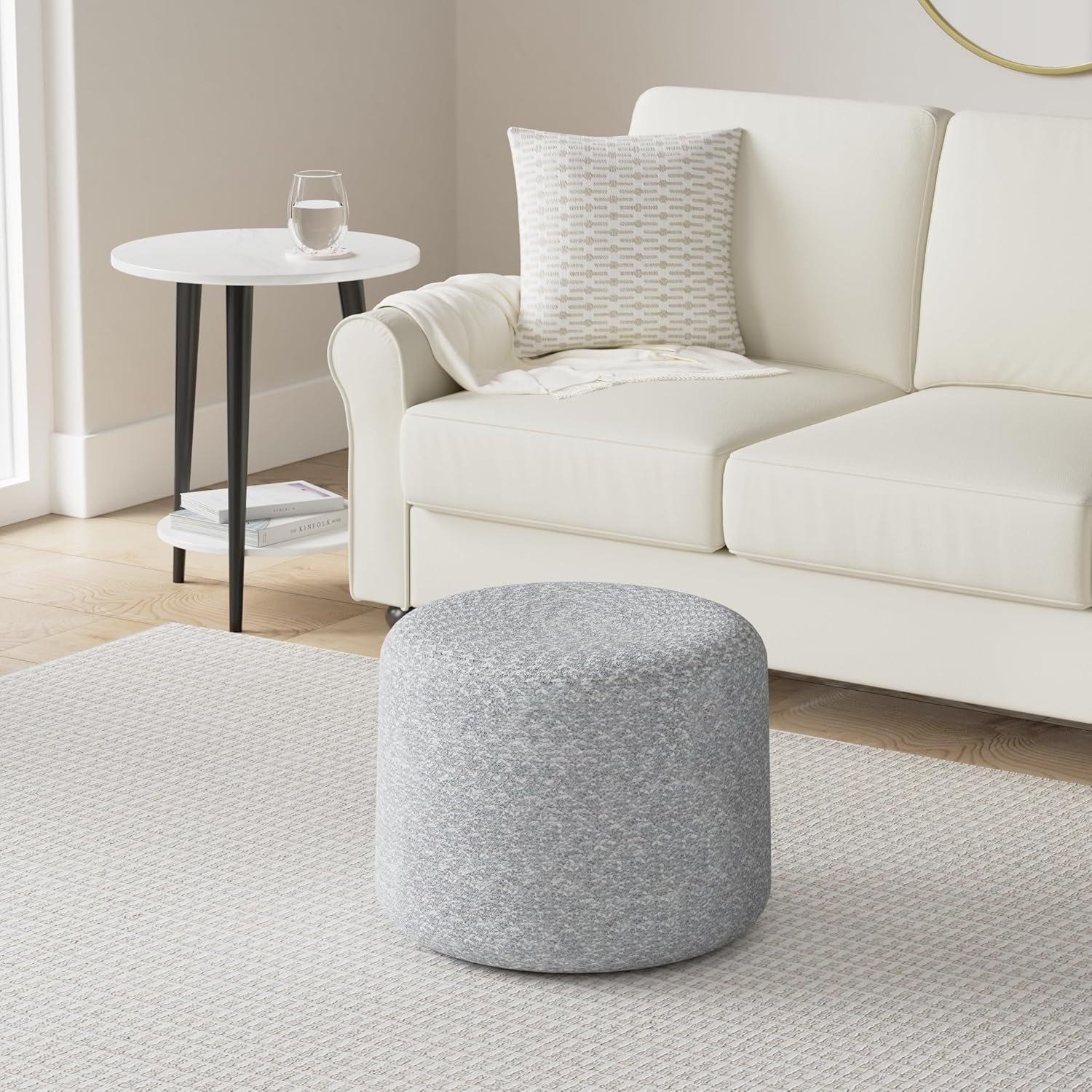 SIMPLIHOME Bayley Boho Round Braided Pouf in Blue, Natural Cotton for the Living Room, Bedroom and Kids Room