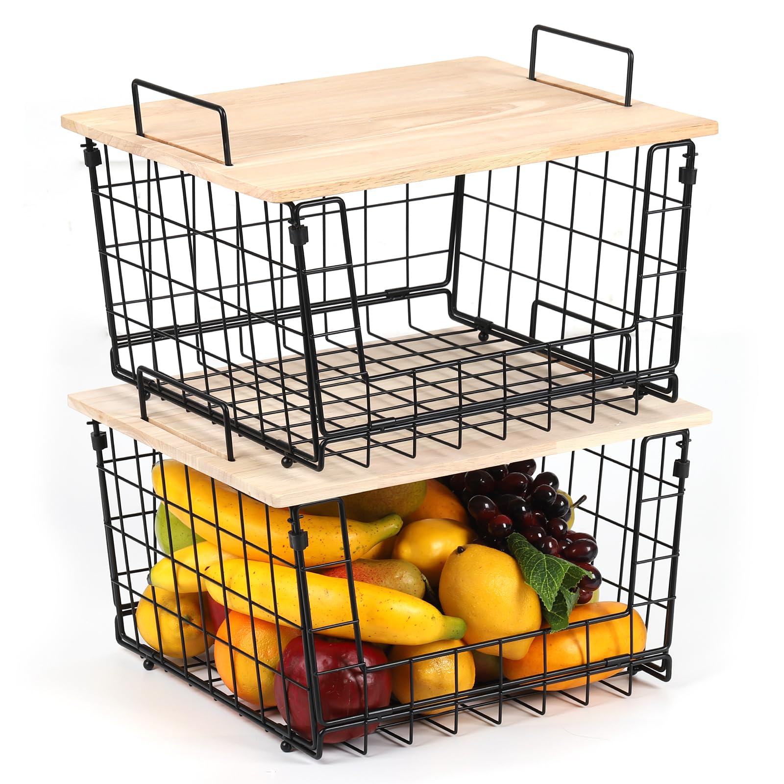 LING RUI Fruit Basket,2 Tier Vegetables Countertop Bowl Storage with Wood Lid,Large Capacity Metal Wire Fruits Stand Organizer