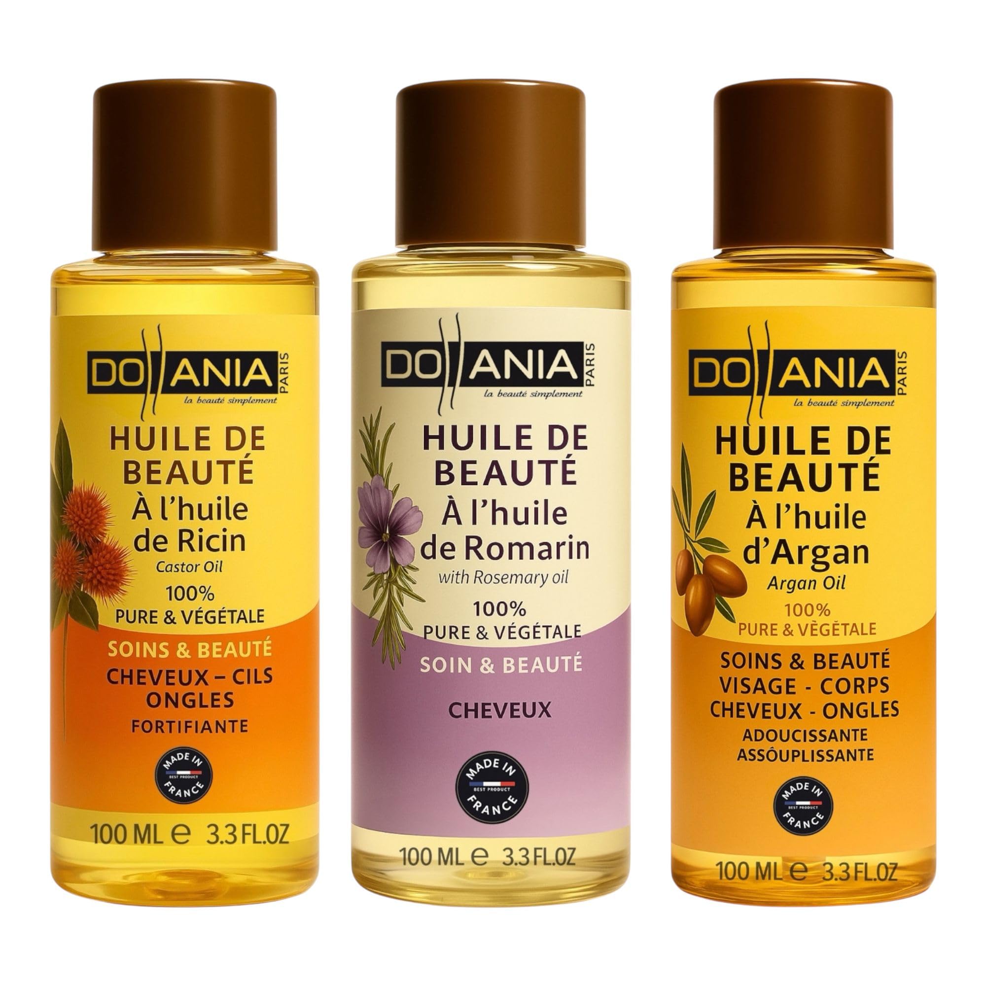 Lot 3 Huiles Cheveux Ricin, Romarin & Argan – Stimule la Pousse & Fortifie – Soin Naturel Cheveux Secs & Cassants – Made in France – 3x100ml