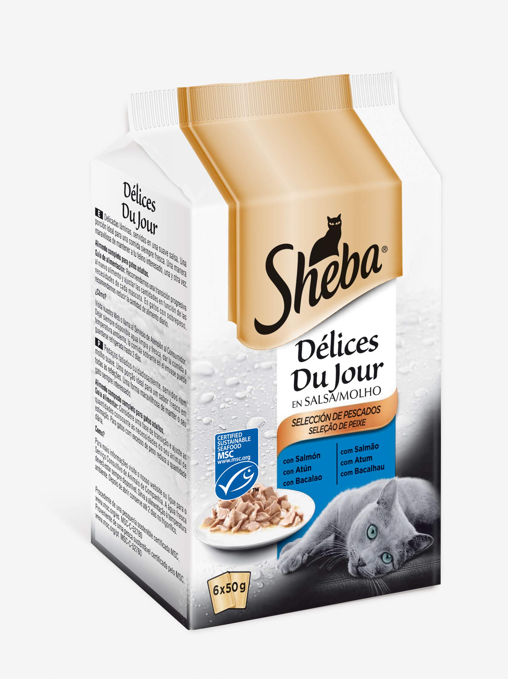 Sheba Délices du Jour Comida húmeda para Gatos, Sabor Pescado, Multipack (Pack de 12 x 6 bolsitas x 50g)