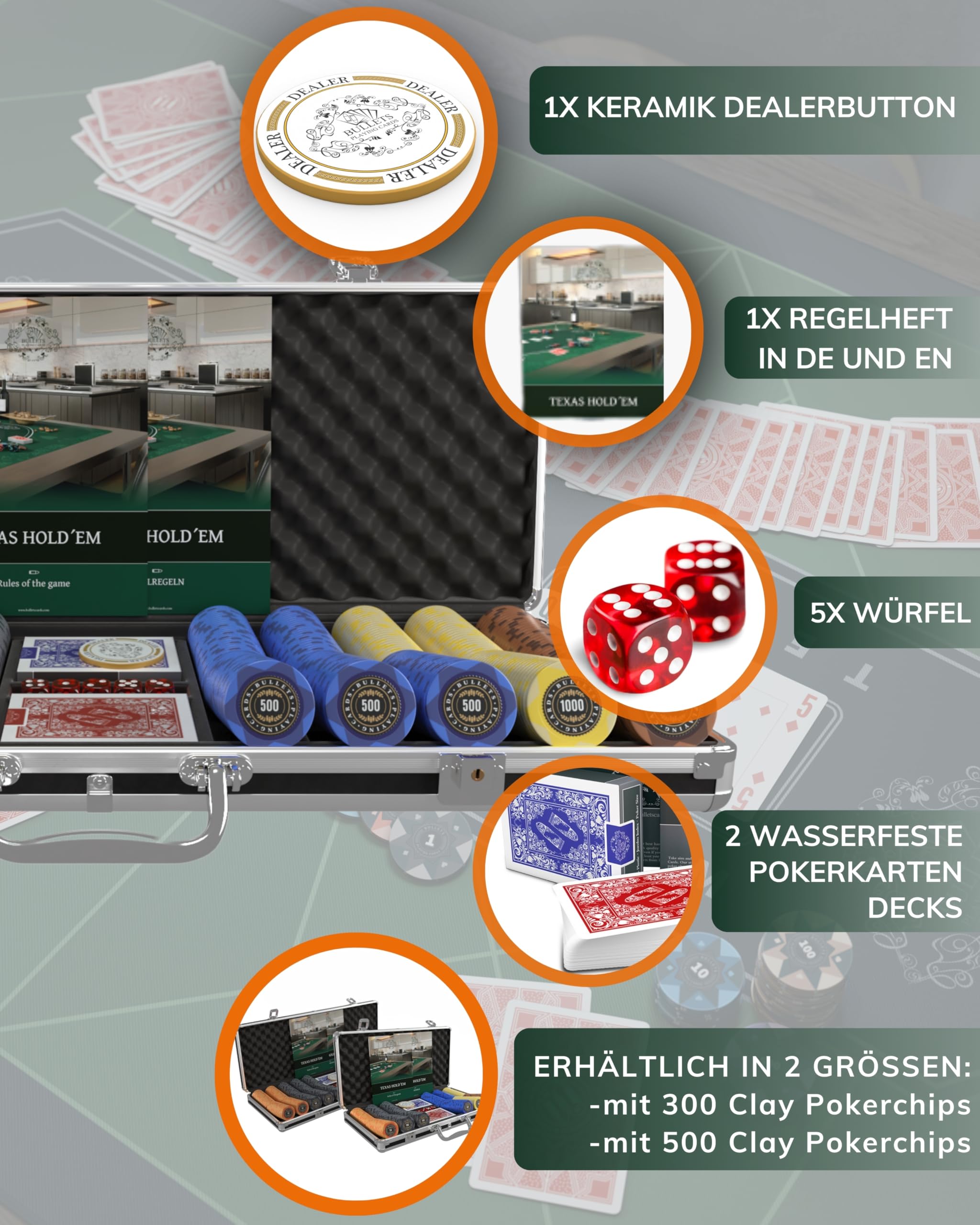 Bullets Playing Cards | Pokerkoffer „Adriana“ mit 500 Clay Pokerchips 14g | Pokerset mit Karten, Würfeln, Dealer Button & Pokerregeln