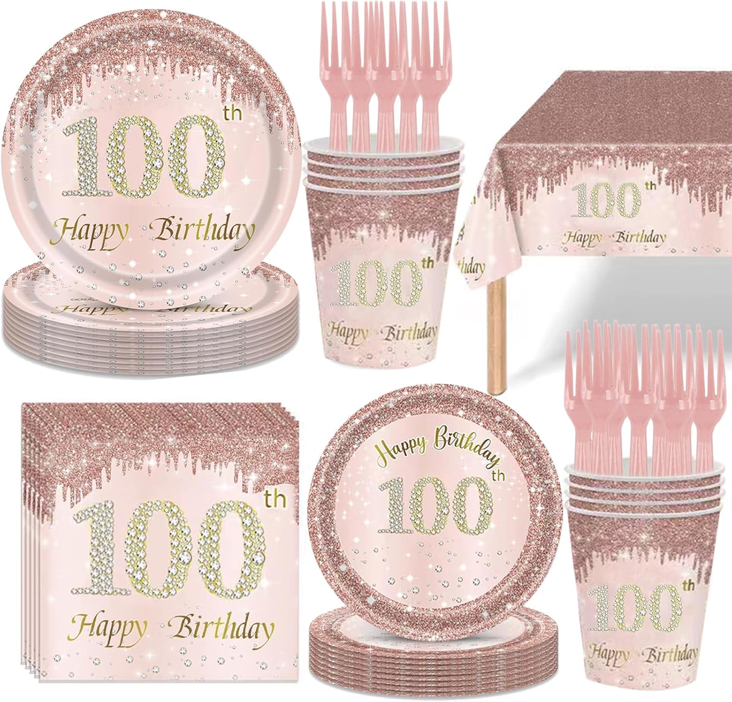 121Pcs 100th Birthday Party Supplies Plates Napkins Cups Forks Tablecloth Rose Gold Happy 100th Birthday Themed Disposable Tableware Decorations Serves 24 Guests for Women 100 Years