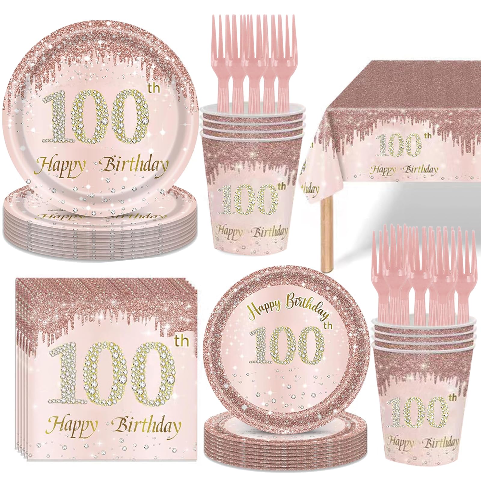 Lousuip Rose Gold 121-Piece 100th Birthday Tableware Set