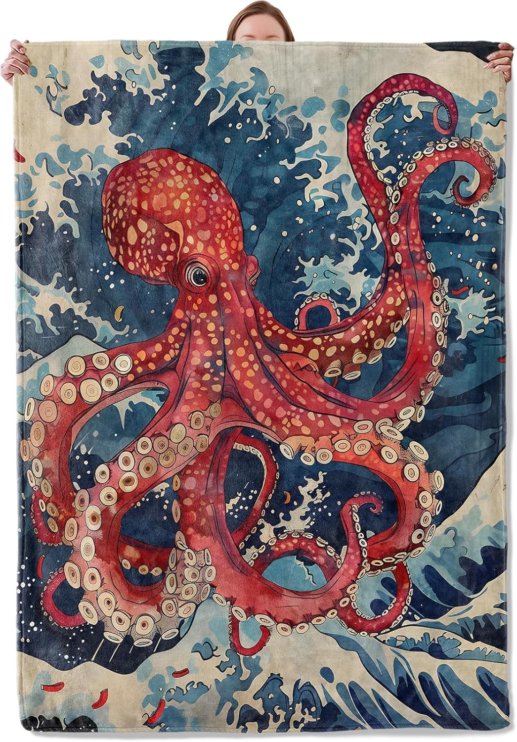 Octopus Wave Ocean Blanket Gifts for Women Adults, Soft Warm Lightweight Flannel Throw Blankets for Camping Bedroom Living Room Home Sofa Travel Decor 50" x 60"