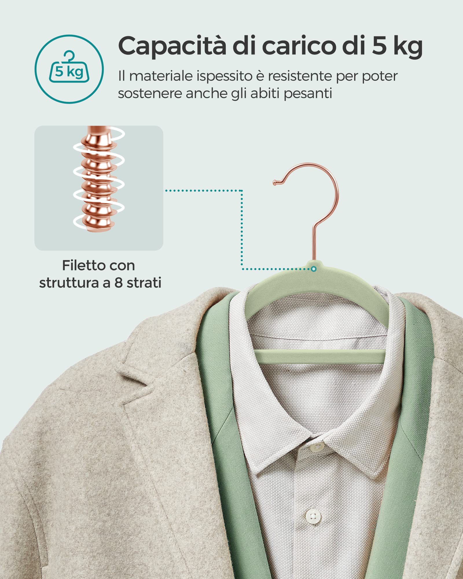 SONGMICS Grucce Appendiabiti in Velluto, 50 Pezzi, Salvaspazio e Antiscivolo, Porta Cravatte, Gancio Girevole a 360°, Spesso 0,6 cm, Largo 43,5 cm, Cappotti Pantaloni, Verde Lime CRF021GR50