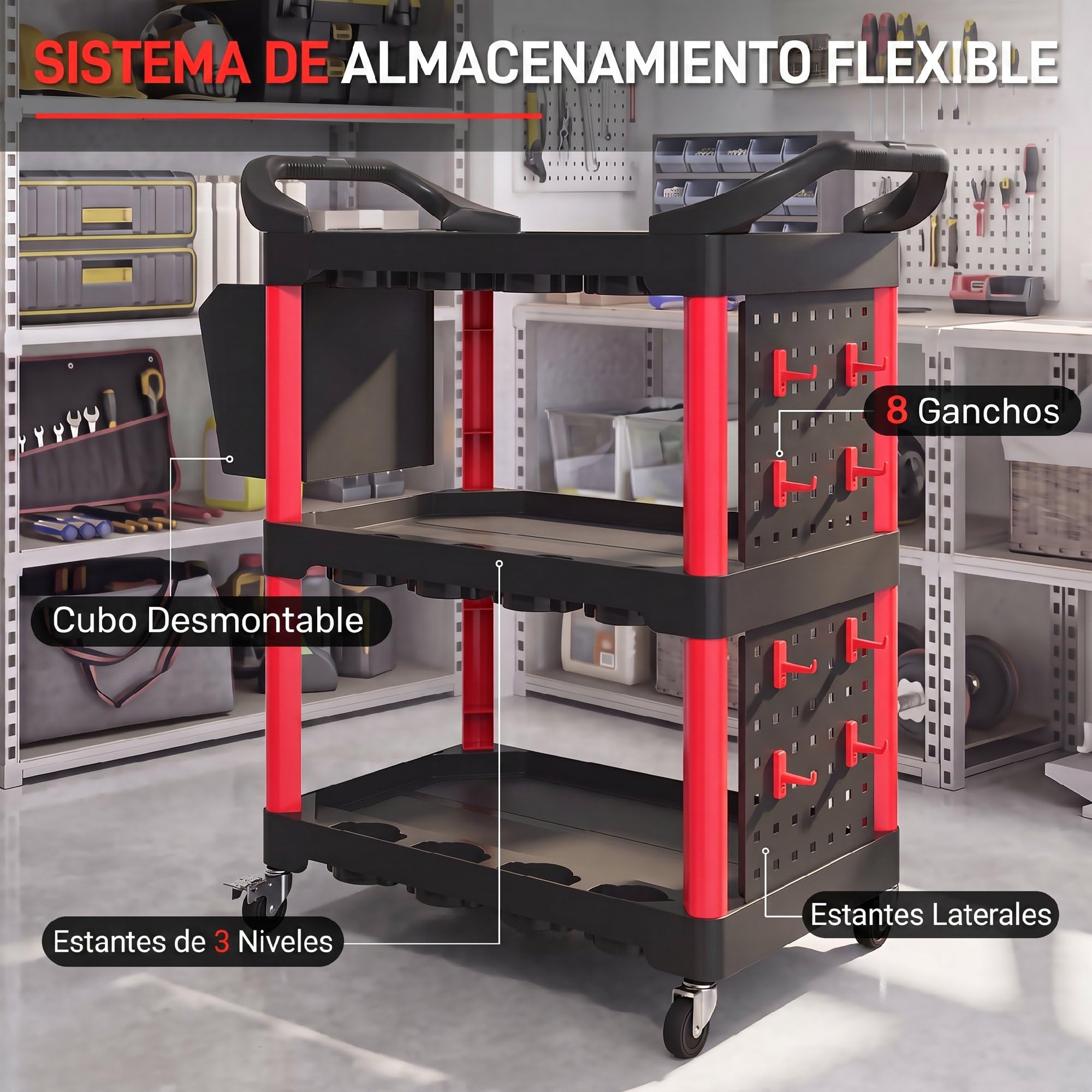 HOMCOM Carro de Taller de 3 Niveles con Paneles Perforados Negro y Rojo | Carro de Herramientas, Asa Lateral, Ganchos, Cubeta, para Garaje Mecánico, Hogar