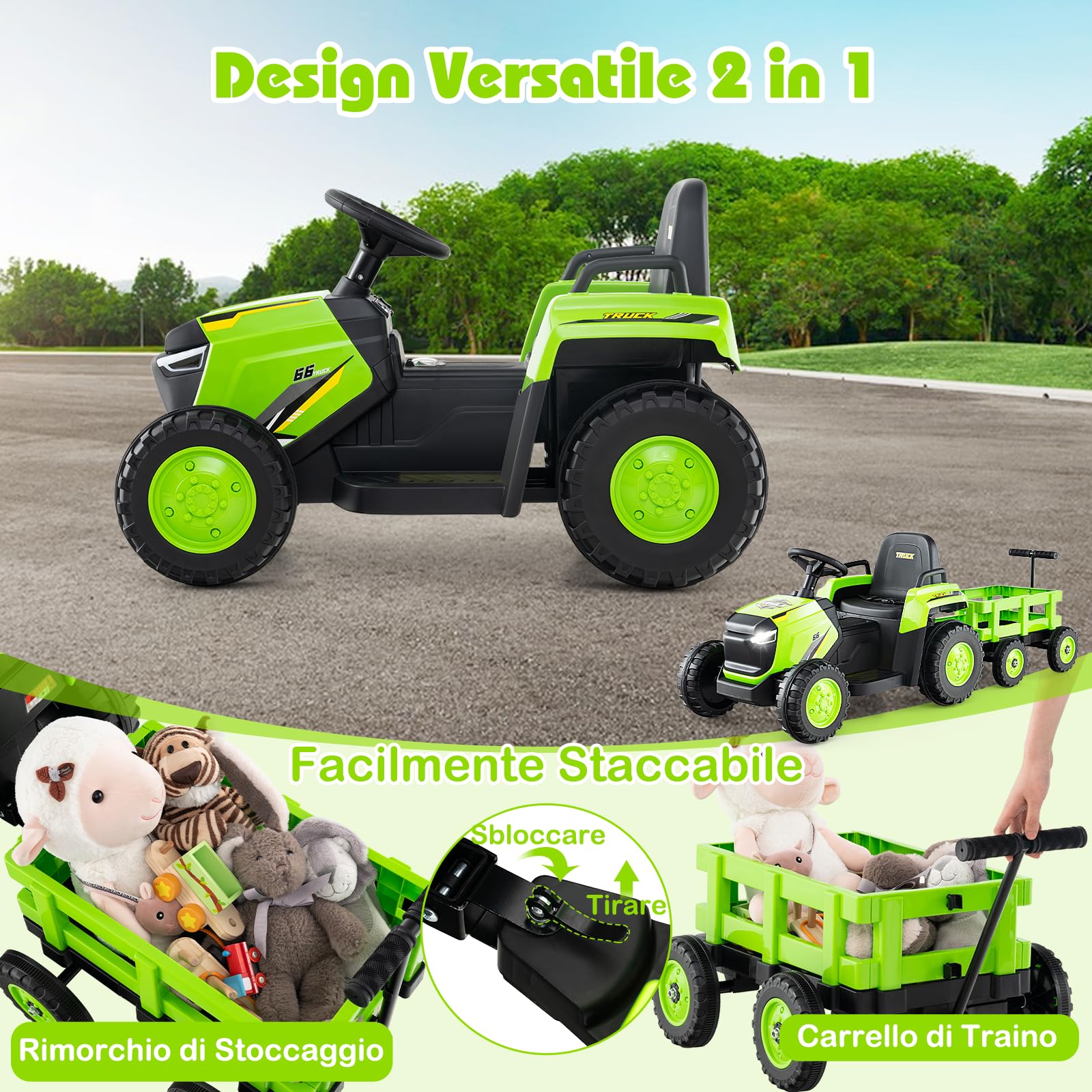 RELAX4LIFE Trattore Elettrica per Bambini 12V con Rimorchio Staccabile, Telecomando e Funzione di Avvio e Arresto Lento, Luci LED e Clacson per Bambini 3 Anni+ (VERDE)