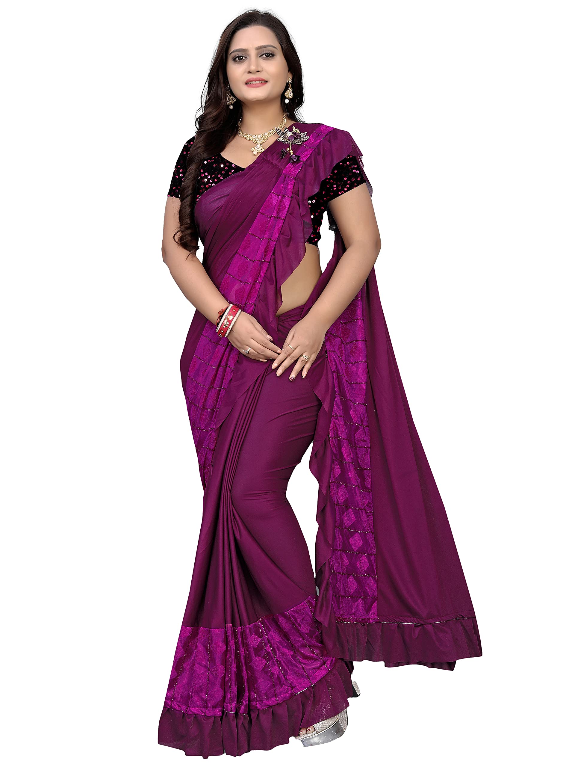 AurimaPolyester lycra Solid Ready To Wear Bollywood Designer Saree For Women