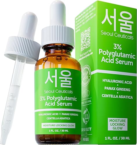 SeoulCeuticals Suero de ácido poliglutámico orgánico  Cuidado de la piel coreano + ácido hialurónico + centella asiática  K Beauty Anti