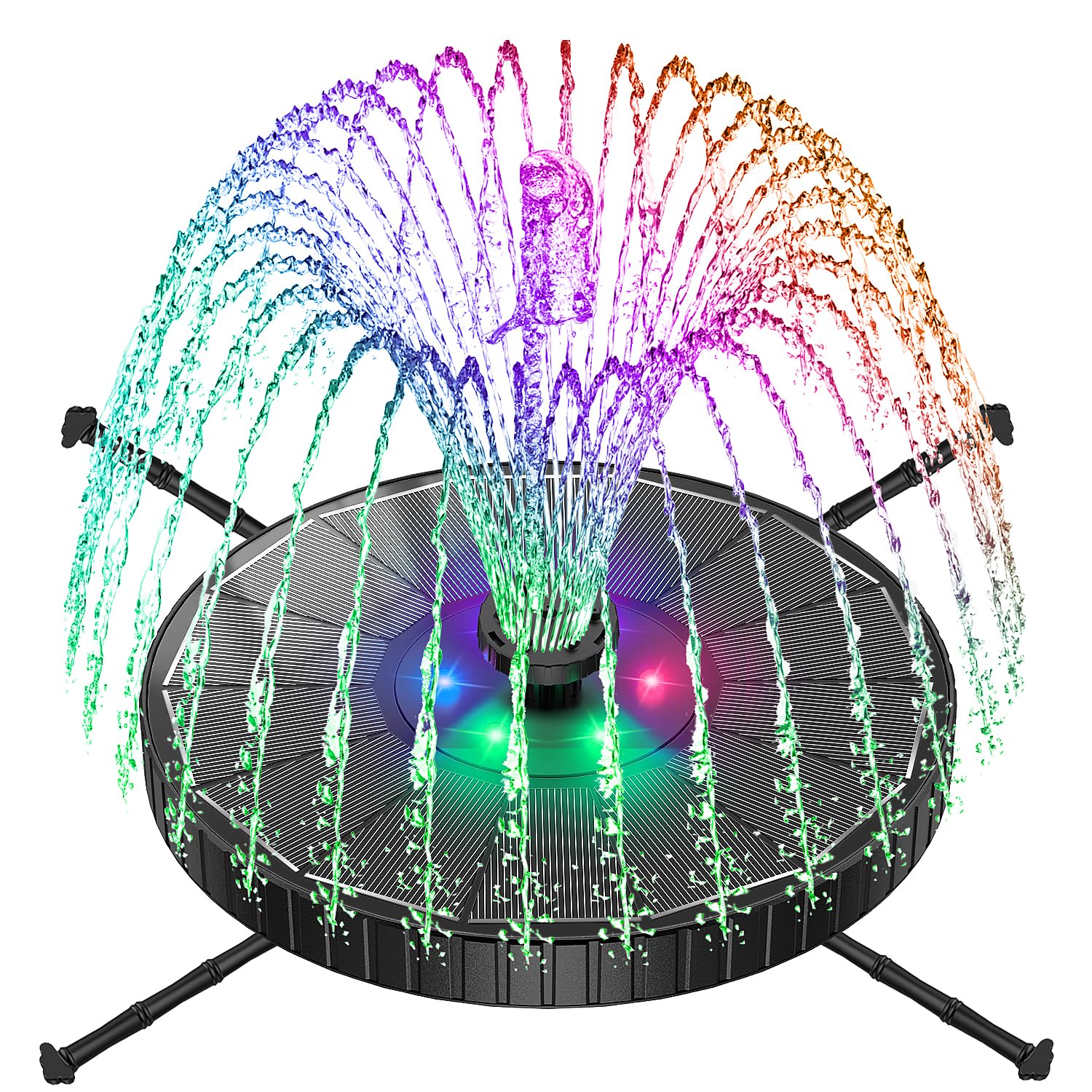 SZMP Fuente Solar Colorido Led, 3.5W Bomba de Agua Solar Vidrio, 3 Modos de Ajuste de Altura de Agua, 2000mAh Batería, 7 Boquillas & Varillas Giratorias Fuente para Estanque para Jardín (Negro)