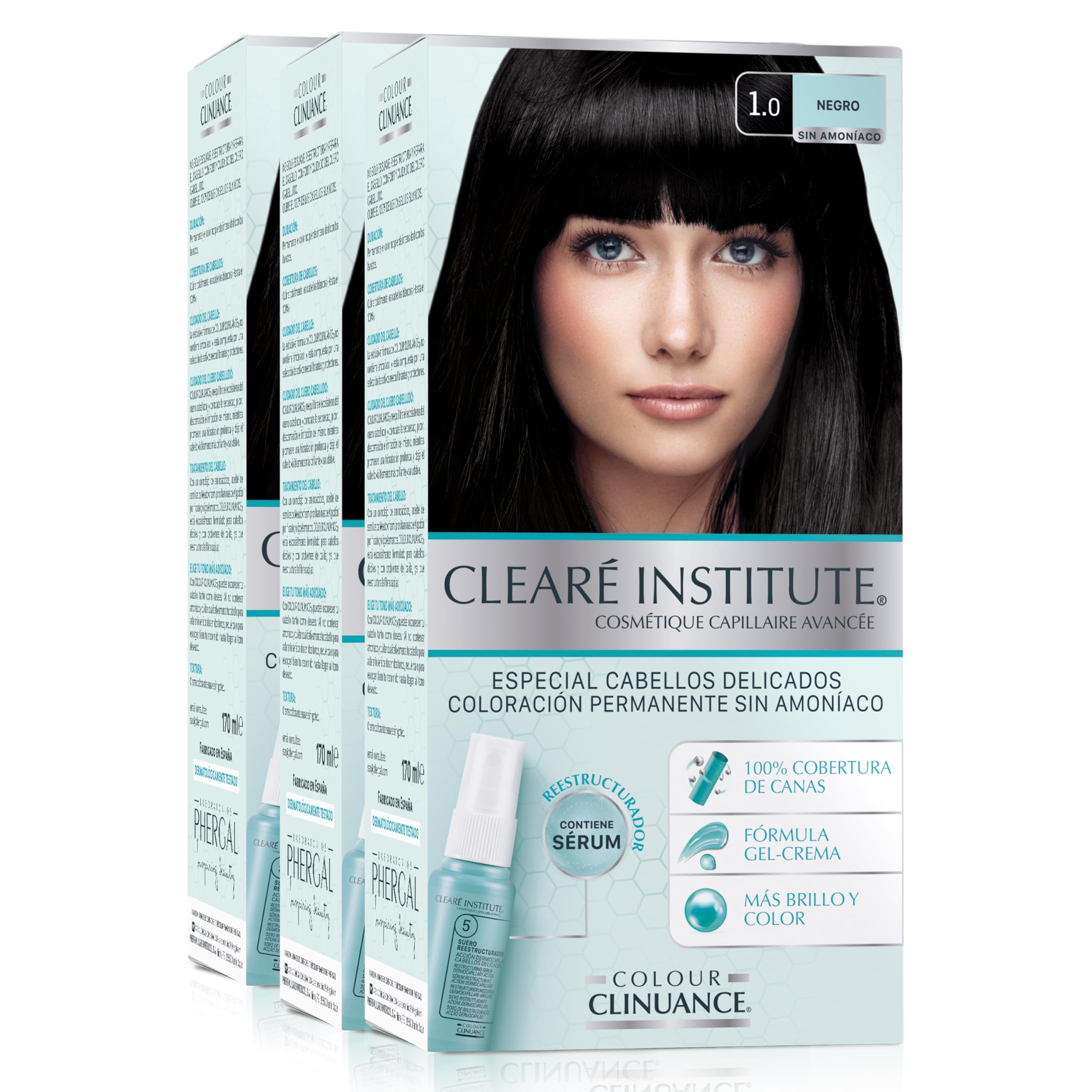 Colour Clinuance | Tinte Capilar Cabellos Delicados. Coloración Permanente Sin Amoniaco | Más Brillo. Color Intenso. 100% Cobertura | 1.0 Negro. Pack de 3
