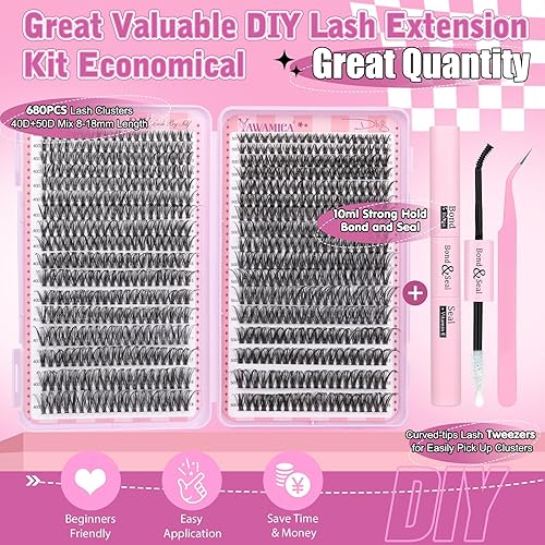 Miniatura 2 de Kit de extensiones de pestañas individuales, 680 unidades, de 0.31 a 0.70 pulgadas, mezcla de racimos de pestañas 40D 50D, con unión de pestañas,