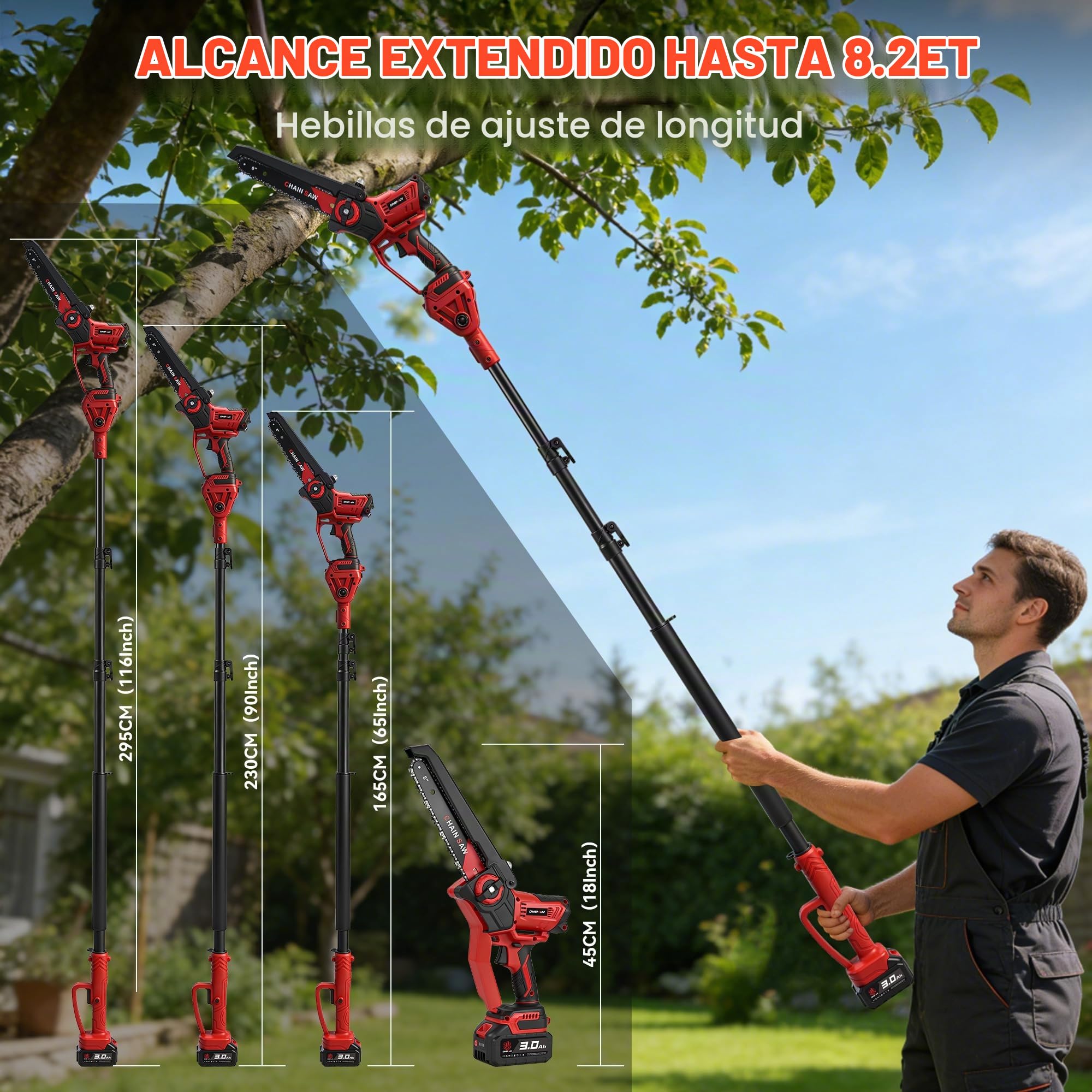 ONEVAN Motosierra Telescópica a Batería 4 en 1, Motor Brushless 700W, Podadora de Altura con Espada de 8" y 6", Pértiga Extensible 2,5m, Cabezal Giratorio 180°, 2 Baterías 3,0Ah, para Jardín y Poda