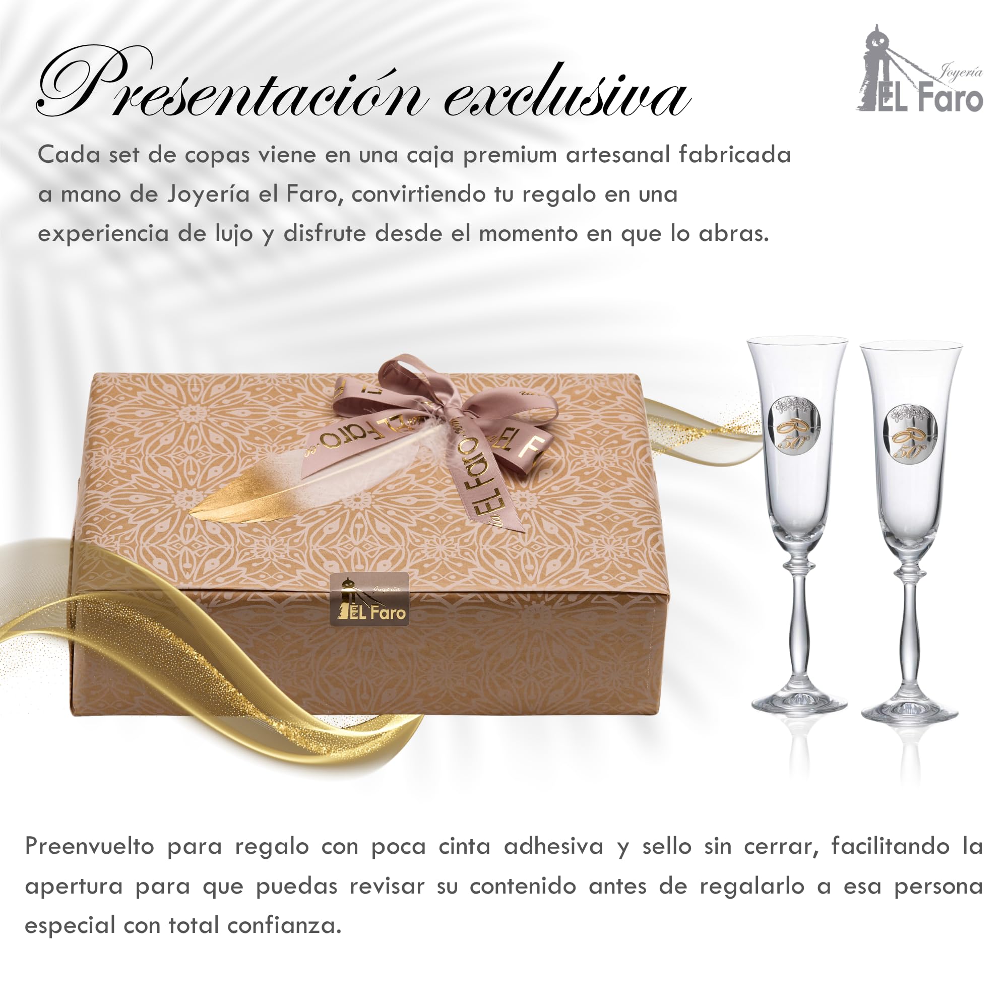 JOYERIA EL FARO Copas Bodas de Oro Personalizadas – Juego de 2 Copas de Champán/Cava Grabadas con Nombres y Fecha – Regalo 50 Aniversario de Casados para Pareja