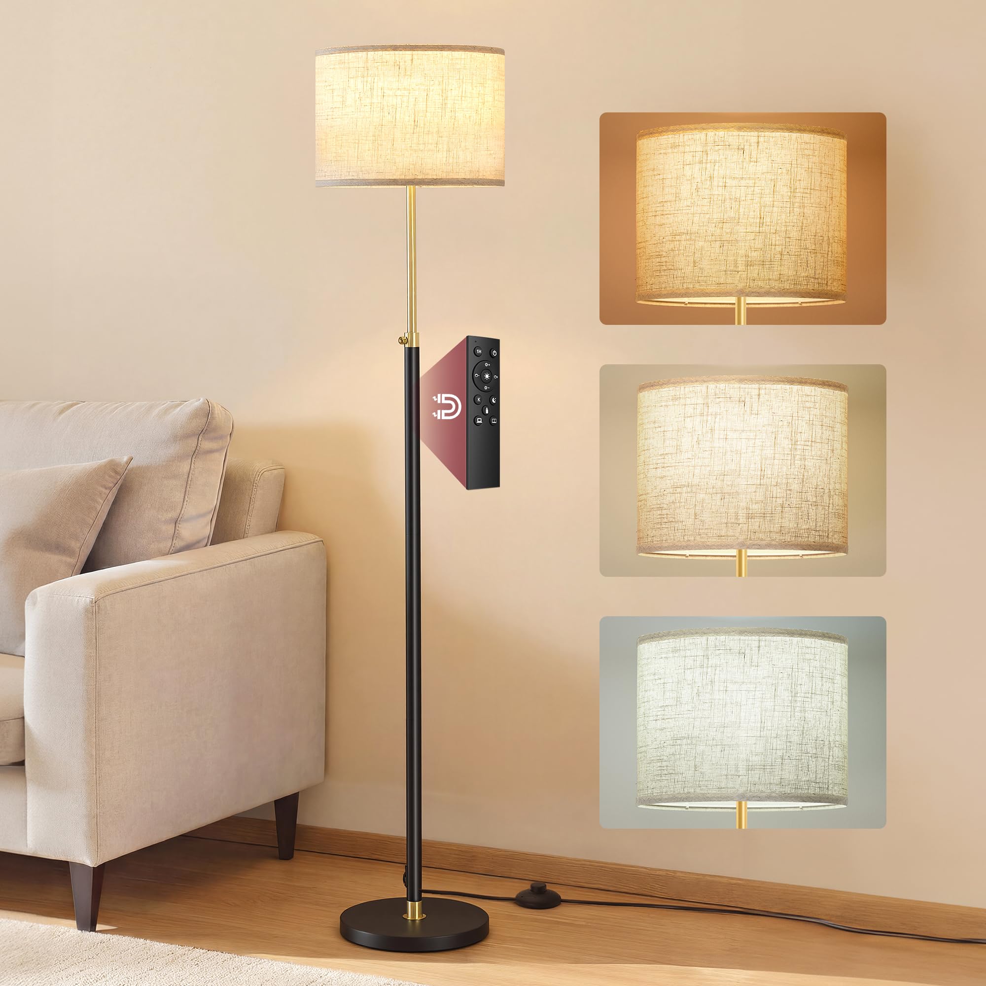 VASAGLE Lámpara de Pie, Lámpara de Lectura Regulable en Altura, 140-170 cm de Altura, Moderna, con Interruptor de Pedal, Pantalla de Tela, Casquillo E27, con control remoto, Dorado + Negro LFL005BD02