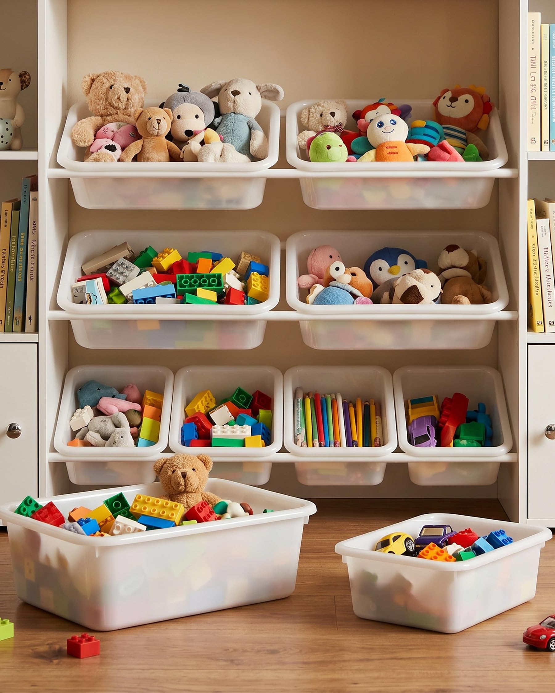 Libreria Infantil, Estanteria Infantil con Organizador de Juguetes, Libreria Montessori Infantil con 8 Cajas Extraíbles y 2 Puertas, para Habitacion Infantil y Cuarto de Juegos, Blanco
