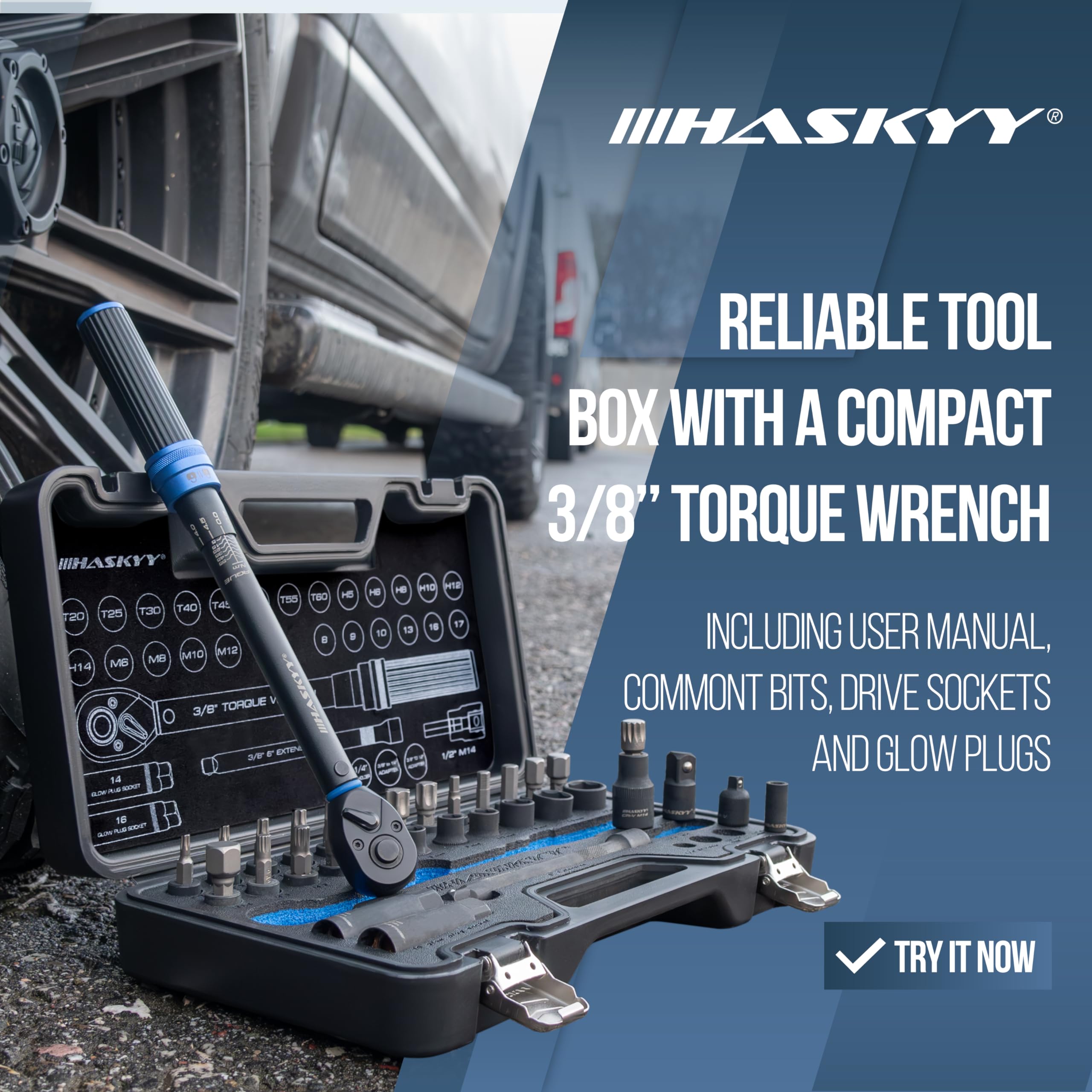 HASKYY Set di chiavi dinamometriche 3/8" 5-60Nm per moto - Accessori: asta di prolunga, bit, inserti speciali per dadi, adattatori - Kit di strumenti per riparazione e servizio motore chopper - Serie