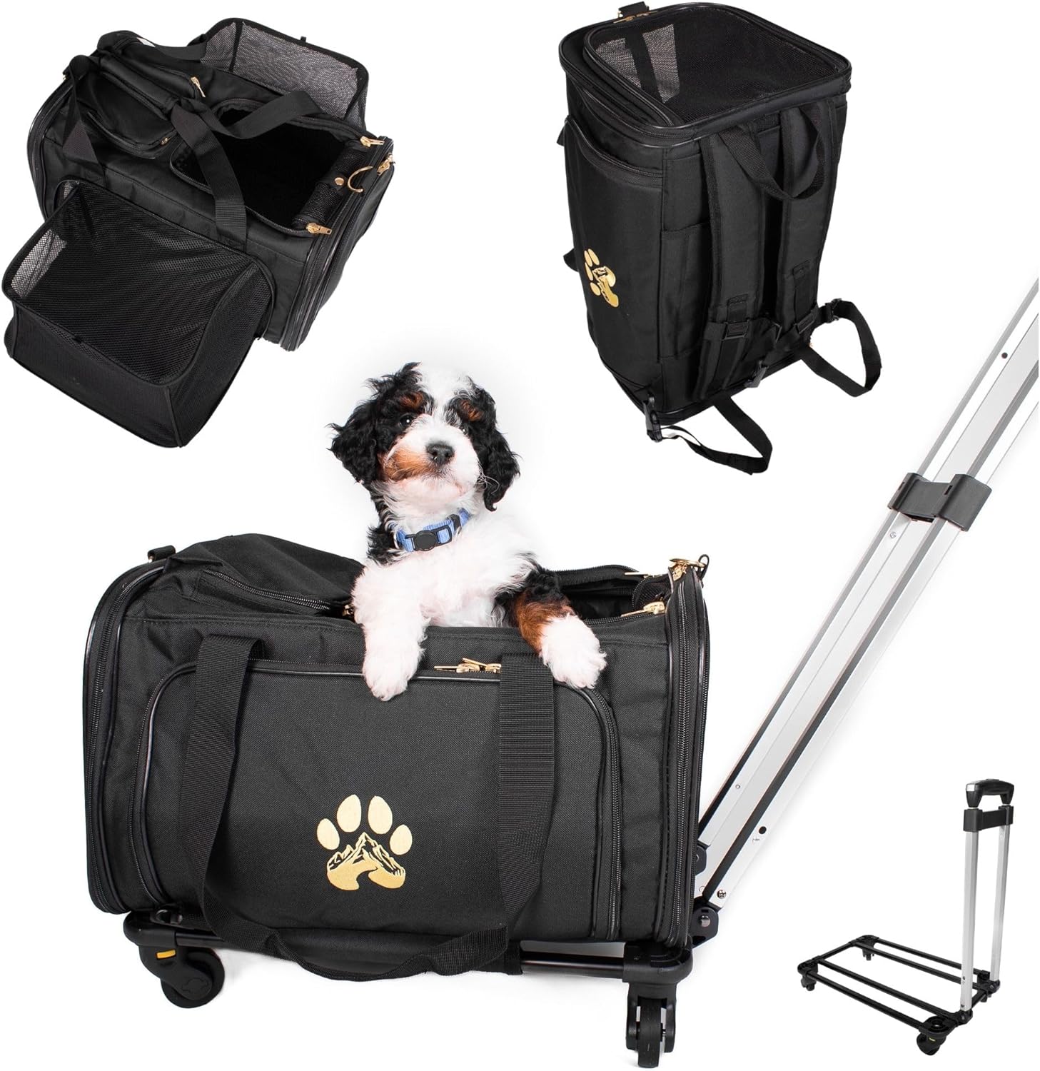 Pet Travel Carrier with Wheels – US Airline Compliant Stylish Pet Stroller Travel Bag for Small Dogs and Cats | Durable, Breathable & Expandable Design with Heavy Duty Wheels – Black