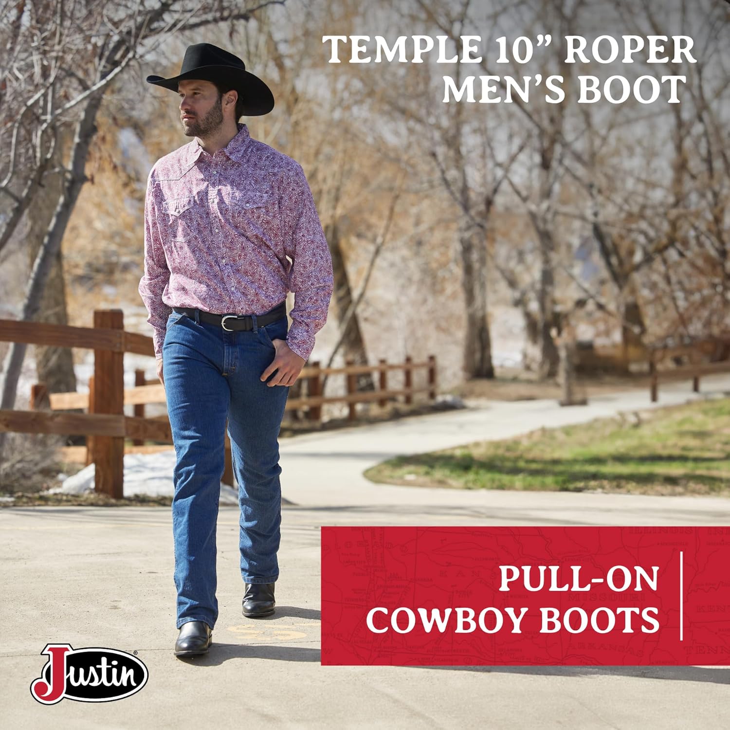 Justin Temple 10" Roper Cowboy Boots for Men - Durable Pull-On Round Toe Cowhide Boots with Covered Cushion Insole and Triple-Density Insole Board - Image 2