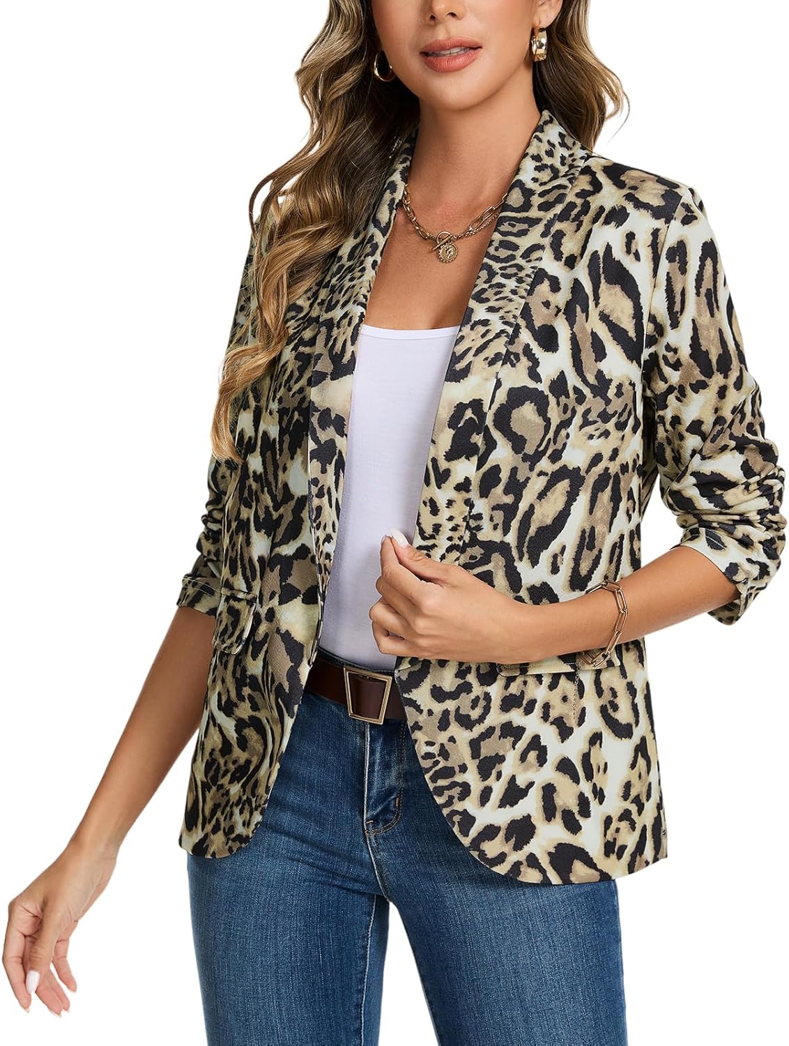 MINTLIMIT Womens Blazer 3/4 Ruched Sleeve Shawl Collar Business Work Blazers Open Front Casual Jackets with Pockets - Image 6