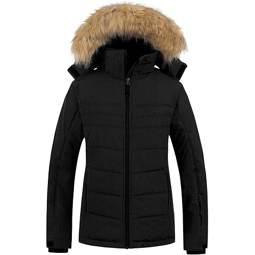 Pursky Women's Waterproof Ski Jacket Winter Puffer Snow Coat Fur Hooded Raincoat