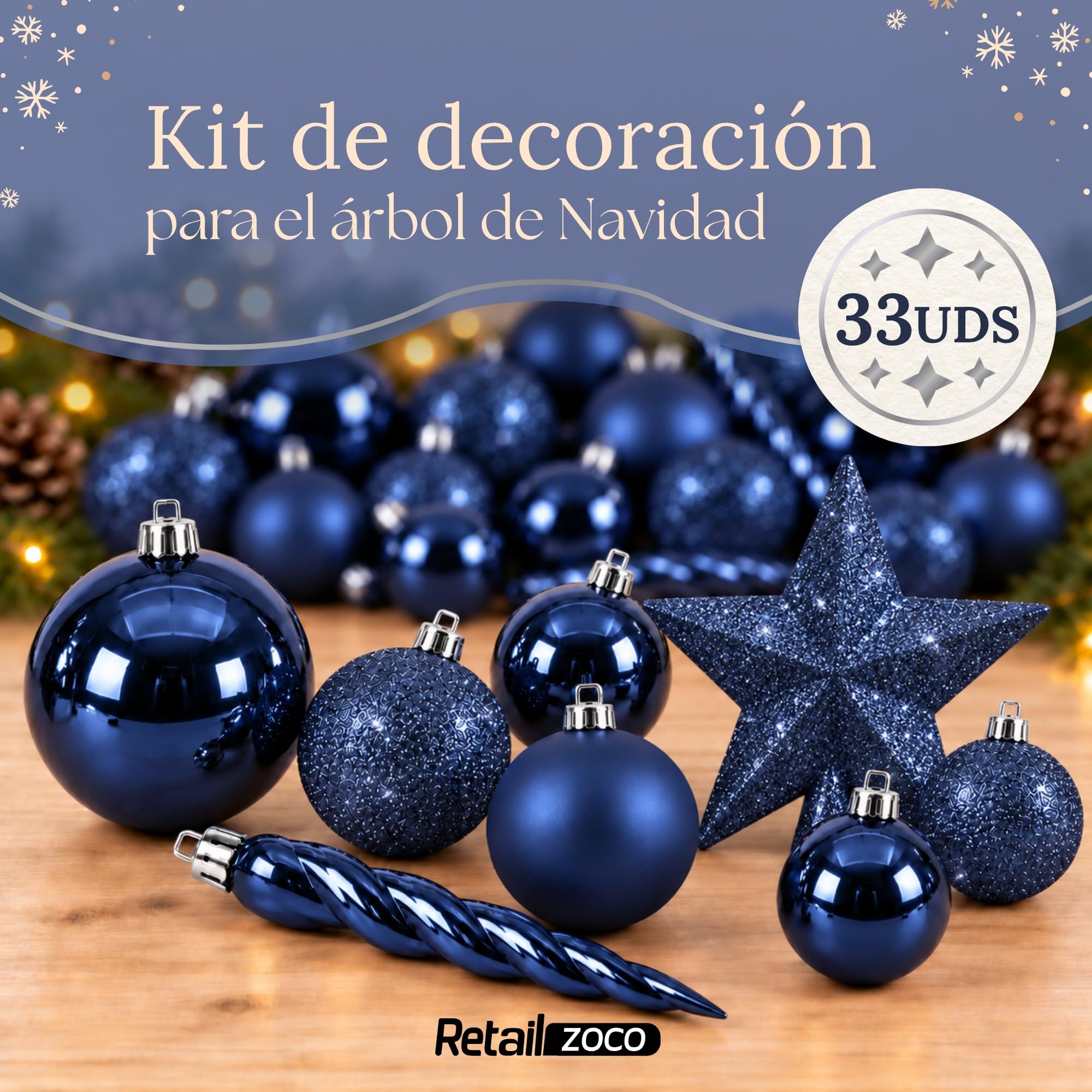 Bolas de Navidad, Adornos Arbol Navidad, 33 Piezas, Azul - imagen 2