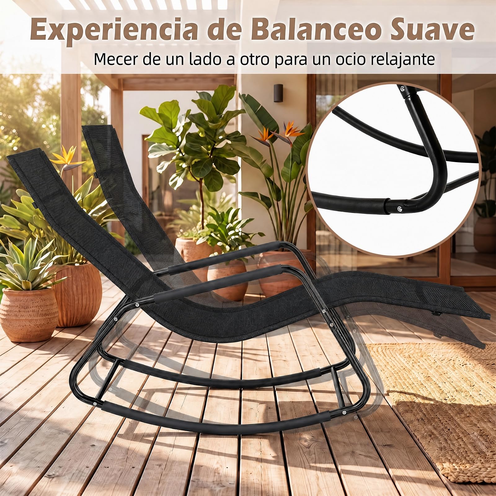 GOPLUS Tumbona Mecedora de Jardín, Carga 160 kg, Silla Balancín para Exterior con Tejido Transpirable, Reposabrazos Curvos, Reposacabezas Desmontable, para Balcón, Terraza (Negro, 57x143x86 cm)